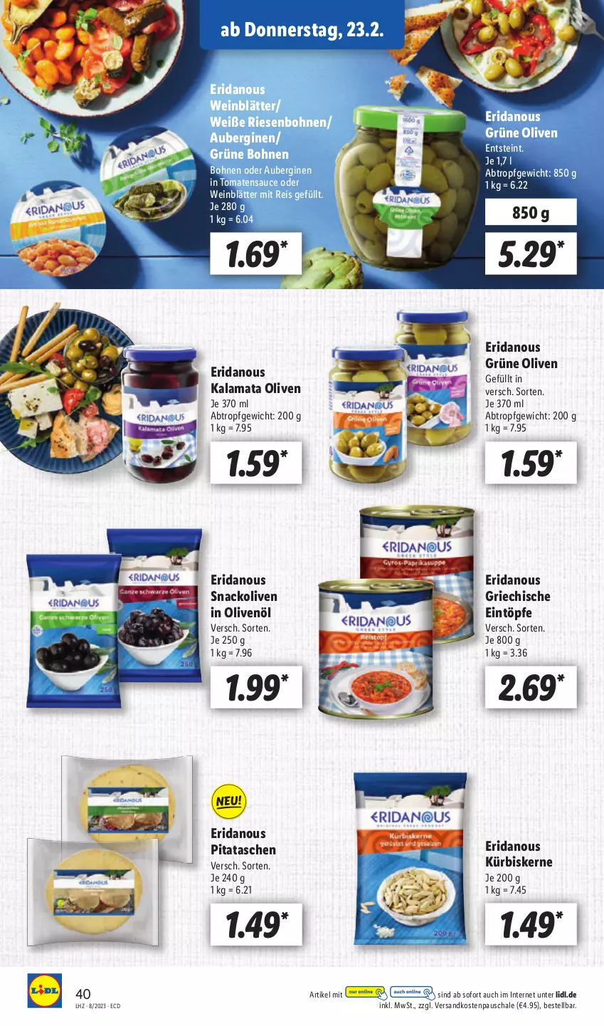 Aktueller Prospekt Lidl - Aktionsprospekt - von 20.02 bis 25.02.2023 - strona 42 - produkty: aubergine, auberginen, bohne, bohnen, eintöpfe, eis, gin, grüne bohnen, grüne oliven, in olivenöl, Kürbis, kürbiskerne, ndk, olive, oliven, olivenöl, reis, sauce, Schal, Schale, snack, Tasche, taschen, Ti, tomate, tomaten, tomatensauce, wein