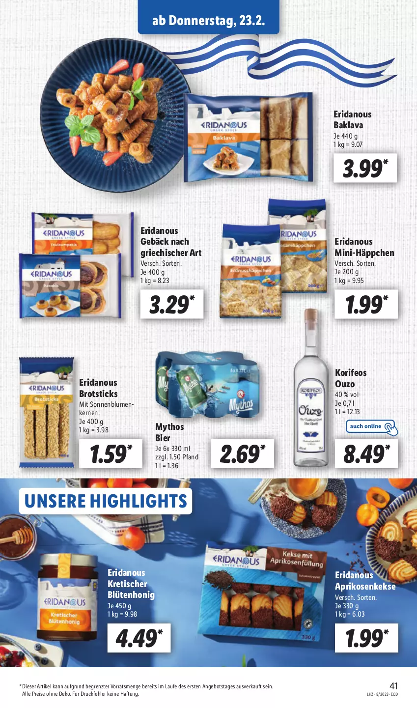 Aktueller Prospekt Lidl - Aktionsprospekt - von 20.02 bis 25.02.2023 - strona 43 - produkty: angebot, aprikose, aprikosen, Baklava, bier, blume, blumen, Blüte, blütenhonig, brot, Brotsticks, eis, honig, keks, kekse, Mythos, ouzo, reis, sonnenblume, sonnenblumen, Sonnenblumenkerne, sonnenblumenkernen, Ti, tisch, ZTE