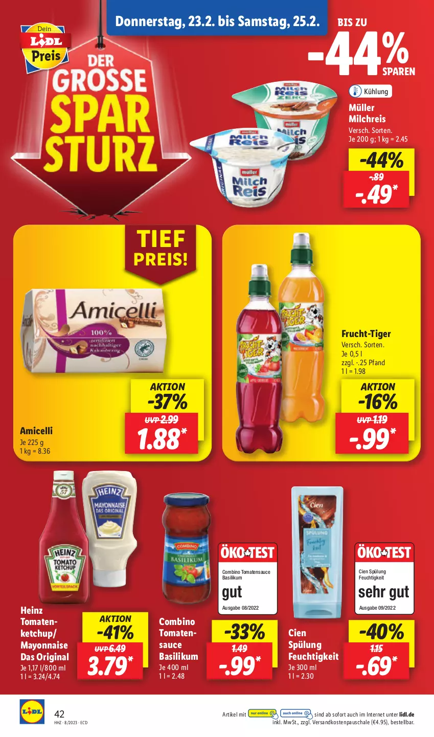 Aktueller Prospekt Lidl - Aktionsprospekt - von 20.02 bis 25.02.2023 - strona 44 - produkty: amicelli, basilikum, Cien, eis, frucht, gin, heinz, ketchup, mayonnaise, milch, milchreis, Müller, ndk, reis, sauce, Schal, Schale, spülung, Ti, tomate, tomaten, tomatenketchup, tomatensauce, Yo