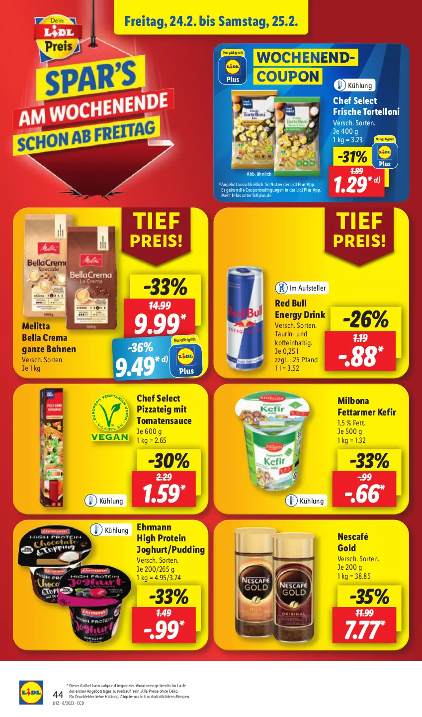 Aktueller Prospekt Lidl - Aktionsprospekt - von 20.02 bis 25.02.2023 - strona 48 - produkty: angebot, bella crema, bohne, bohnen, Bona, coupon, drink, drucker, ehrmann, eis, elle, energy drink, Engel, joghur, joghurt, Kefir, kerze, melitta, Milbona, Nescafé, nescafé gold, papier, pizza, Pizzateig, pudding, red bull, reis, sauce, teller, Ti, tomate, tomaten, tomatensauce, torte, tortelloni, ZTE