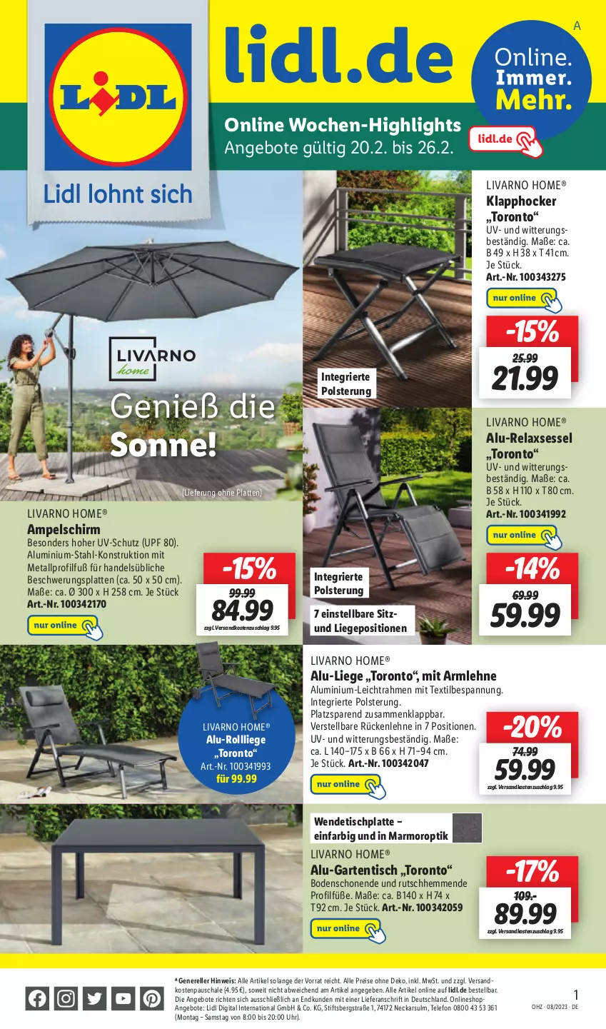 Aktueller Prospekt Lidl - Aktionsprospekt - von 20.02 bis 25.02.2023 - strona 49 - produkty: ampelschirm, angebot, angebote, eis, elle, Garten, gartentisch, hocker, HP, latte, Liege, ndk, reis, rel, relaxsessel, rückenlehne, Schal, Schale, sessel, telefon, Ti, tisch, tischplatte, uhr, uv-schutz