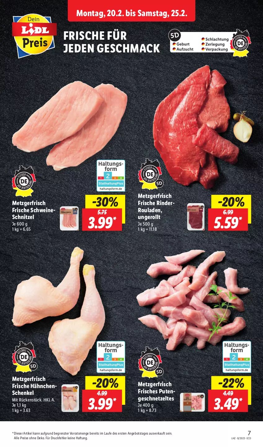 Aktueller Prospekt Lidl - Aktionsprospekt - von 20.02 bis 25.02.2023 - strona 7 - produkty: angebot, eis, Frische Hähnchen, geschnetzeltes, hähnchenschenkel, henkel, mac, pute, Putengeschnetzeltes, reis, rind, rinder, Rinderroulade, rinderrouladen, rouladen, schenkel, schnitzel, schwein, schweine, schweineschnitzel, Ti, wein, weine, Zelt, ZTE