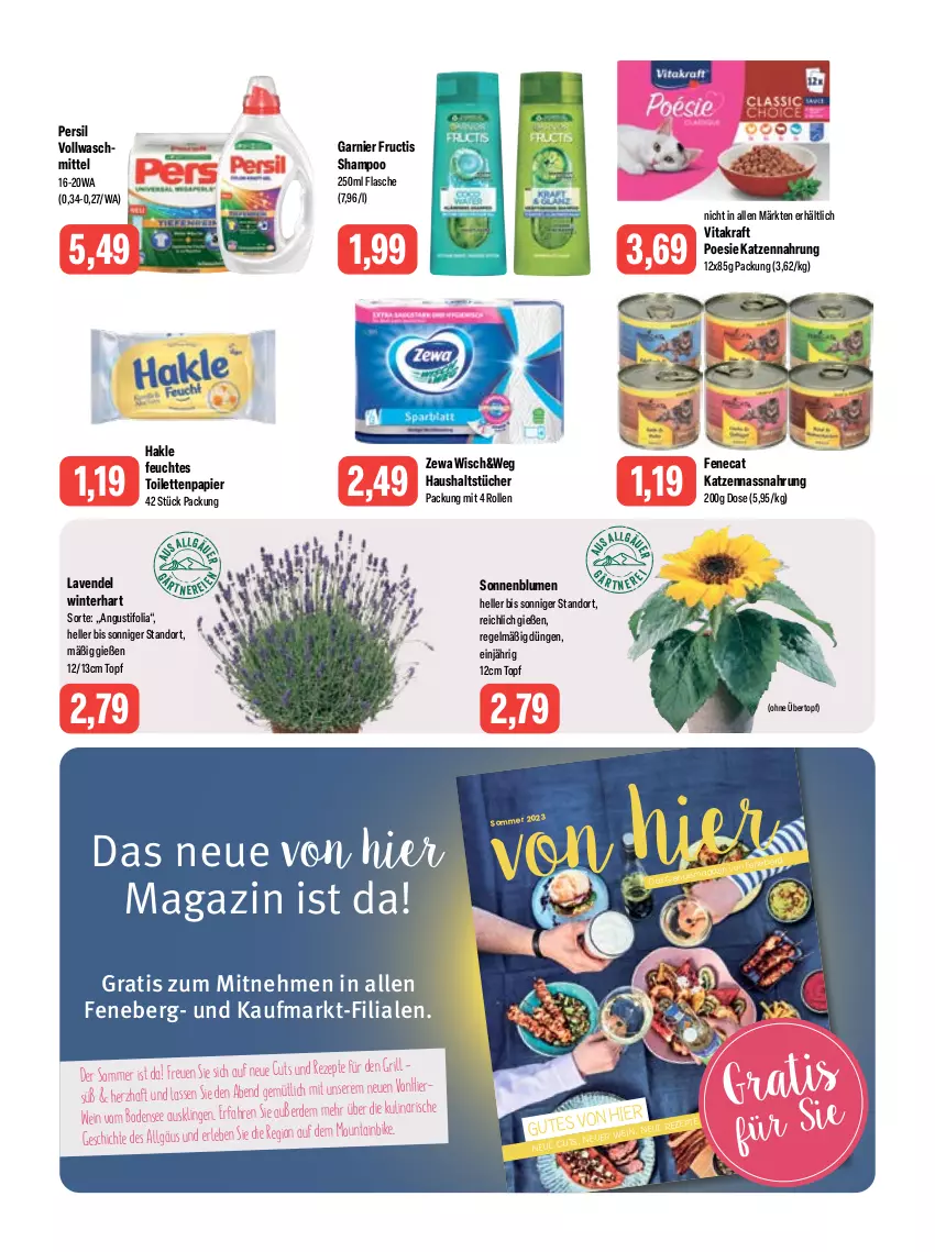 Aktueller Prospekt Feneberg - Prospekte - von 15.06 bis 17.06.2023 - strona 14 - produkty: blume, blumen, elle, erde, feuchtes toilettenpapier, flasche, fructis, garnier, grill, hakle, haushaltstücher, katzennahrung, kraft, lavendel, LG, magazin, Nassnahrung, nuss, papier, persil, rezept, rezepte, shampoo, sonnenblume, sonnenblumen, Ti, toilettenpapier, topf, tücher, übertopf, vita, vitakraft, vollwaschmittel, waschmittel, wein, zewa