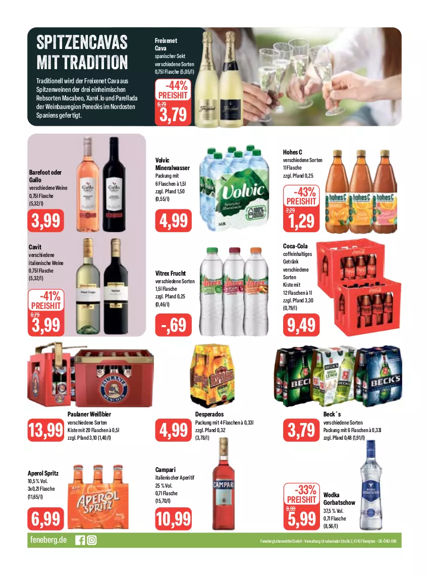 Aktueller Prospekt Feneberg - Prospekte - von 15.06 bis 17.06.2023 - strona 16 - produkty: Alwa, aperitif, aperol, Bau, bier, campari, Cava, coca-cola, coffein, cola, desperados, eis, flasche, freixenet, frucht, gallo, getränk, Gorbatschow, Hohes C, lebensmittel, mac, mineralwasser, Paula, paulaner, reis, rel, sekt, Ti, vitrex, volvic, wasser, wein, weine, wodka