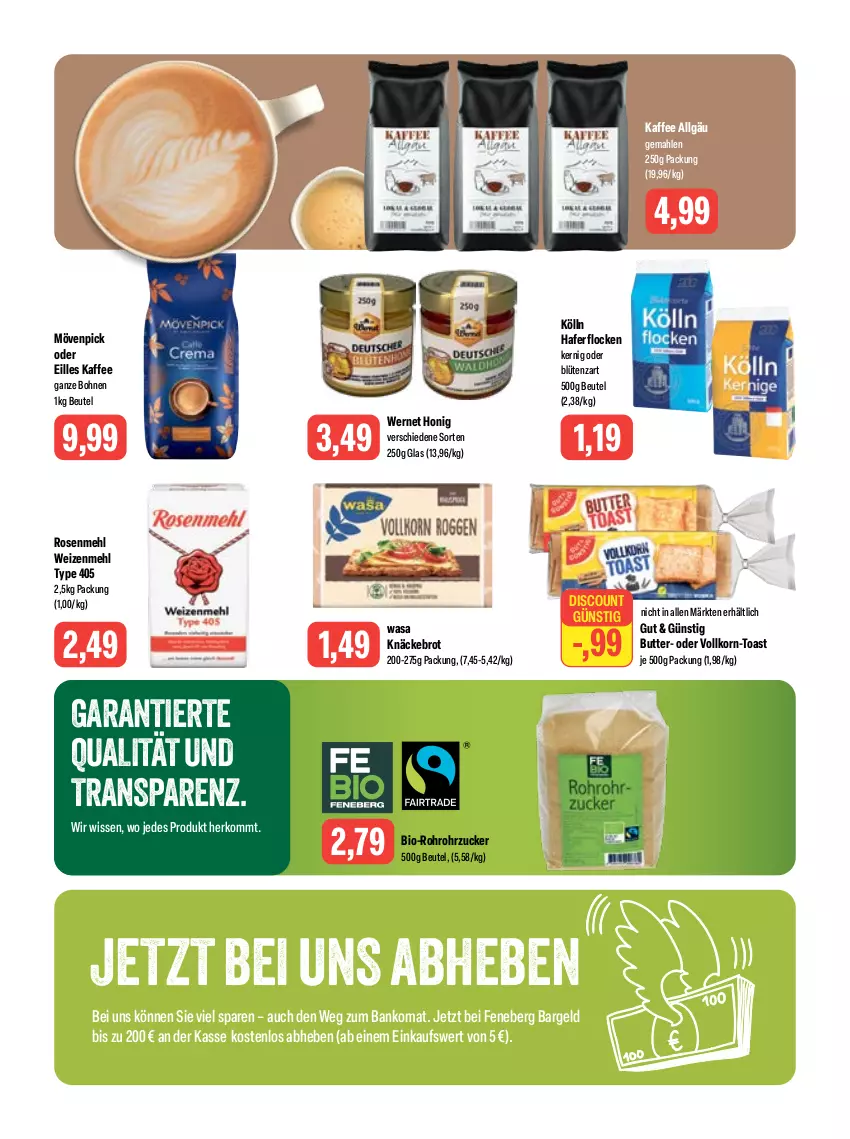 Aktueller Prospekt Feneberg - Prospekte - von 15.06 bis 17.06.2023 - strona 8 - produkty: Bank, beutel, bio, Blüte, bohne, bohnen, brot, butter, discount, hafer, haferflocken, honig, kaffee, knäckebrot, kölln, korn, LG, mehl, mövenpick, rohrzucker, rosen, Rosenmehl, Ti, toast, type 405, wasa, weizenmehl, zucker