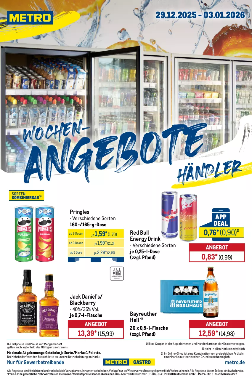 Aktueller Prospekt Metro - Wochen-Angebote Händler - von 29.12.2025 bis 03.01.2026 - strona 1 - produkty: abholpreise, angebot, angebote, coupon, drink, eis, energy drink, flasche, getränk, getränke, ilag, jack daniel, Jack Daniel’s, lack, Metro, Palette, pringles, Rauch, red bull, reis, ring, rwe, Ti, tiefpreis