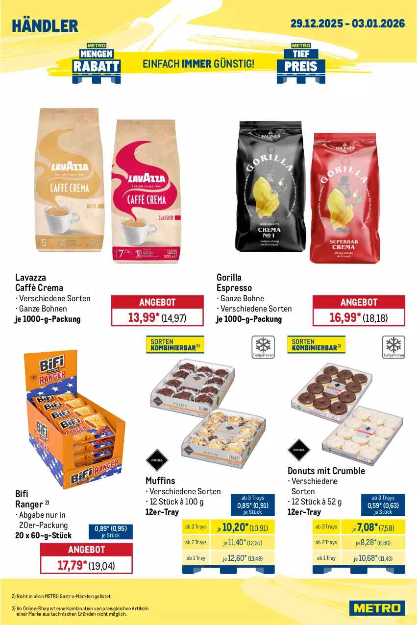 Aktueller Prospekt Metro - Wochen-Angebote Händler - von 29.12.2025 bis 03.01.2026 - strona 8 - produkty: angebot, bifi, bohne, bohnen, caffè crema, Donut, donuts, eis, espresso, lavazza, Metro, metro gastro, Muffin, muffins, reis, rum, Ti