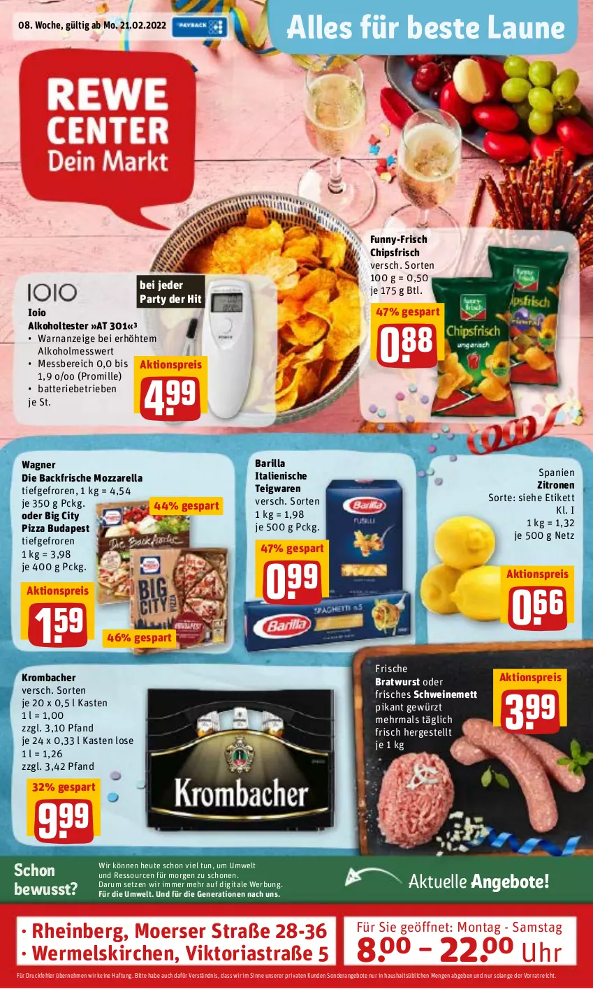 Aktueller Prospekt Rewe - Prospekte - von 21.02 bis 27.02.2022 - strona 1 - produkty: aktionspreis, alkohol, angebot, angebote, Astra, barilla, batterie, bratwurst, chips, chipsfrisch, eis, elle, funny-frisch, gewürz, Heu, krombache, krombacher, Mett, mozzarella, pizza, reis, rel, Ria, rum, schwein, schweine, schweinemett, teigwaren, Ti, uhr, wagner, wein, weine, wurst, zitrone, zitronen