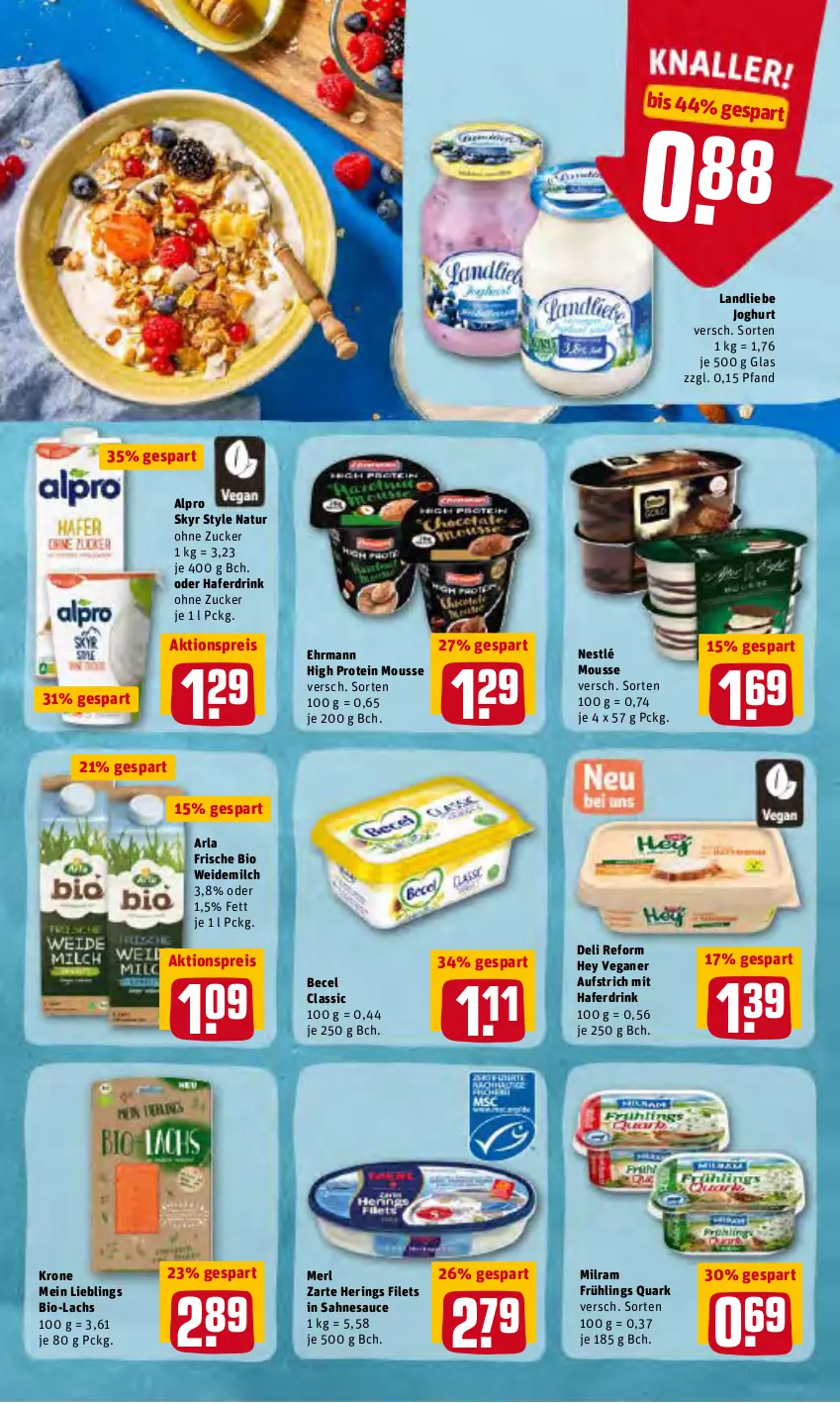 Aktueller Prospekt Rewe - Prospekte - von 21.02 bis 27.02.2022 - strona 11 - produkty: aktionspreis, alpro, arla, aufstrich, becel, bio, deli reform, drink, ehrmann, eis, filet, filets, hafer, Haferdrink, hering, Herings, joghur, joghurt, krone, lachs, landliebe, landliebe joghurt, merl, milch, milram, mousse, natur, nestlé, quark, reis, ring, sahne, sauce, Skyr, Ti, weidemilch, zucker