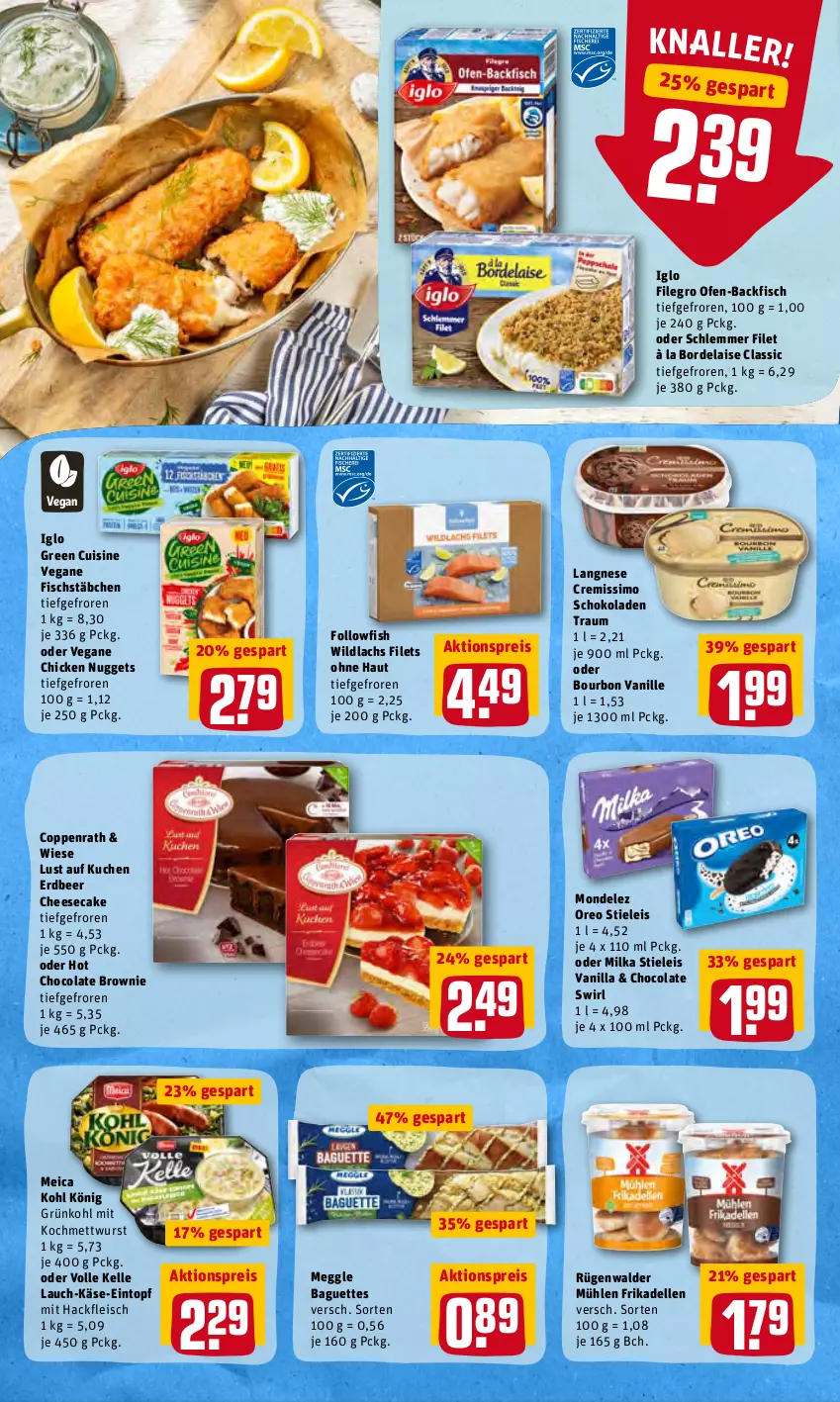 Aktueller Prospekt Rewe - Prospekte - von 21.02 bis 27.02.2022 - strona 12 - produkty: à la bordelaise, aktionspreis, backfisch, baguette, baguettes, bordelaise, bourbon, bourbon vanille, brownie, cheesecake, chicken nuggets, cola, coppenrath, cremissimo, dell, eintopf, eis, elle, filegro, filet, filets, fisch, fischstäbchen, fleisch, followfish, frikadellen, hackfleisch, iglo, Käse, kuchen, lachs, langnese, langnese cremissimo, Lust auf Kuchen, meggle, meica, Mett, mettwurst, milka, mondelez, nuggets, Ofen, ofen-backfisch, oreo, reis, rügenwalder, rügenwalder mühle, schoko, schokolade, schokoladen, sim, stieleis, swirl, Ti, topf, vanille, Wild, wildlachs, wurst