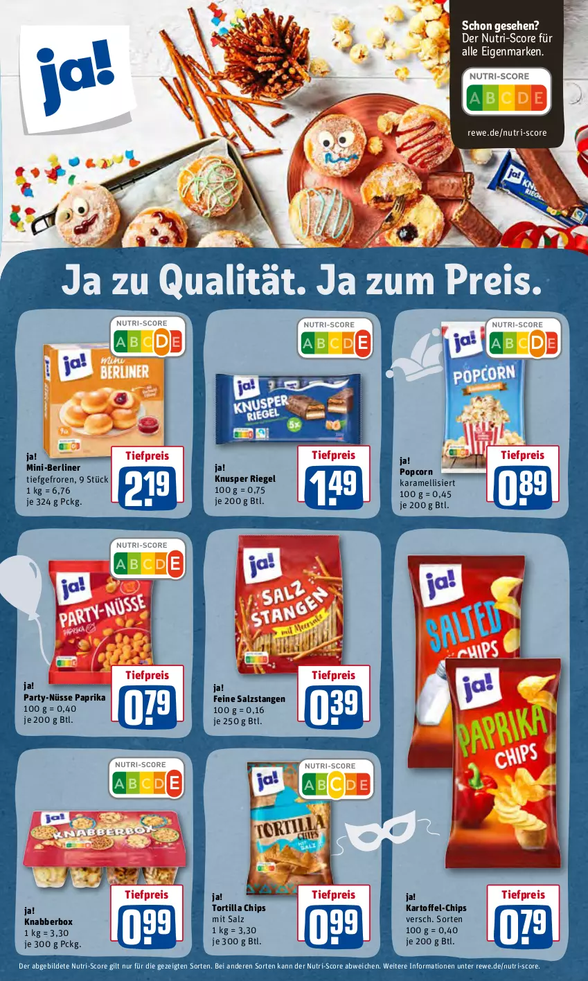 Aktueller Prospekt Rewe - Prospekte - von 21.02 bis 27.02.2022 - strona 13 - produkty: berliner, chips, eis, karamell, kartoffel, paprika, popcorn, reis, riegel, salz, Salzstange, Salzstangen, Ti, tiefpreis, tortilla, Tortilla Chips