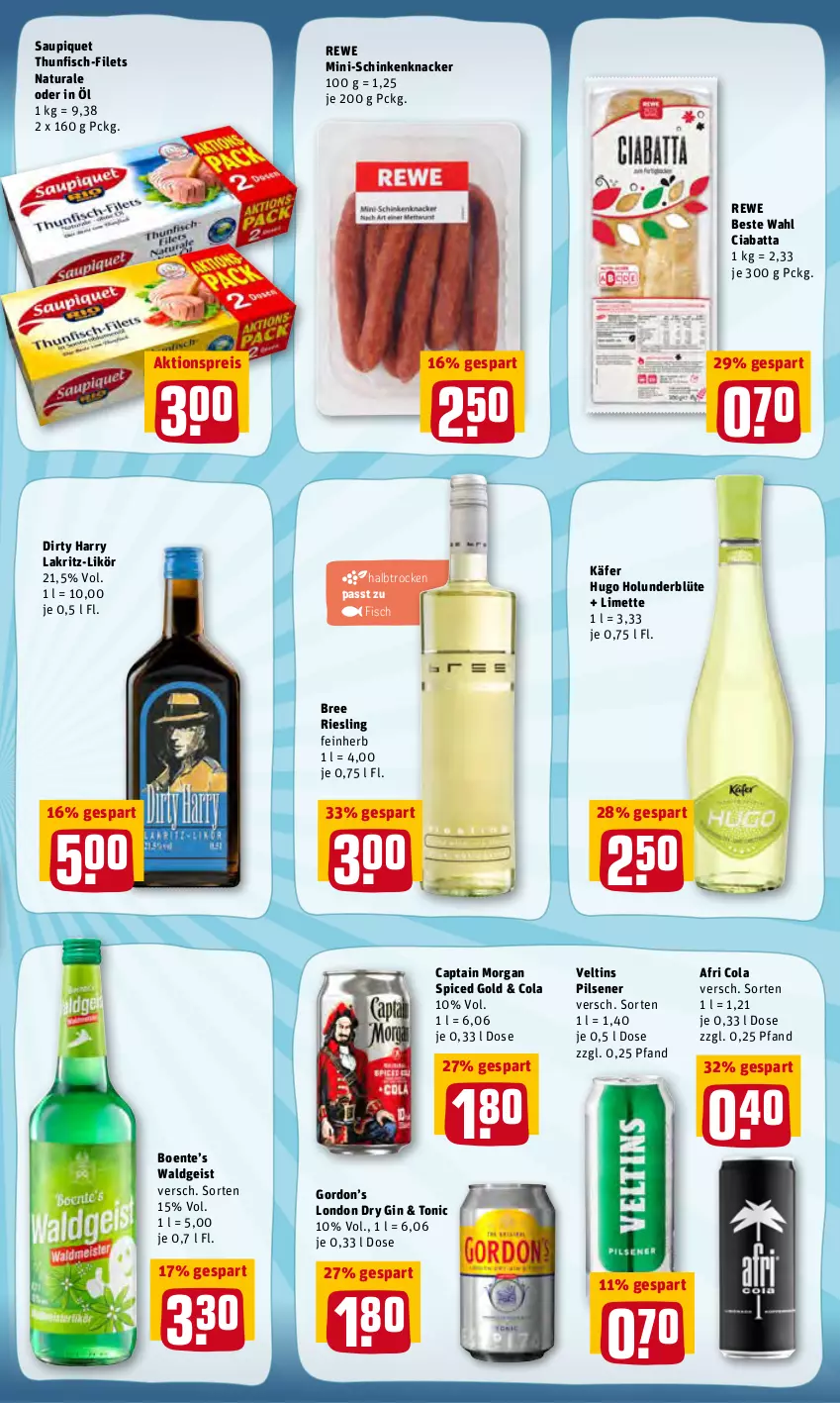 Aktueller Prospekt Rewe - Prospekte - von 21.02 bis 27.02.2022 - strona 17 - produkty: Afri Cola, aktionspreis, Blüte, bree, Cap, captain morgan, ciabatta, cola, dry gin, eis, ente, filet, filets, fisch, gin, gordon, Gordon’s, holunder, holunderblüte, hugo, käfer, knacker, Lakritz, likör, limette, london dry, london dry gin, Mett, natur, natura, pils, pilsener, reis, rewe beste wahl, riesling, saupiquet, schinken, thunfisch, Ti, tonic, veltins, veltins pilsener