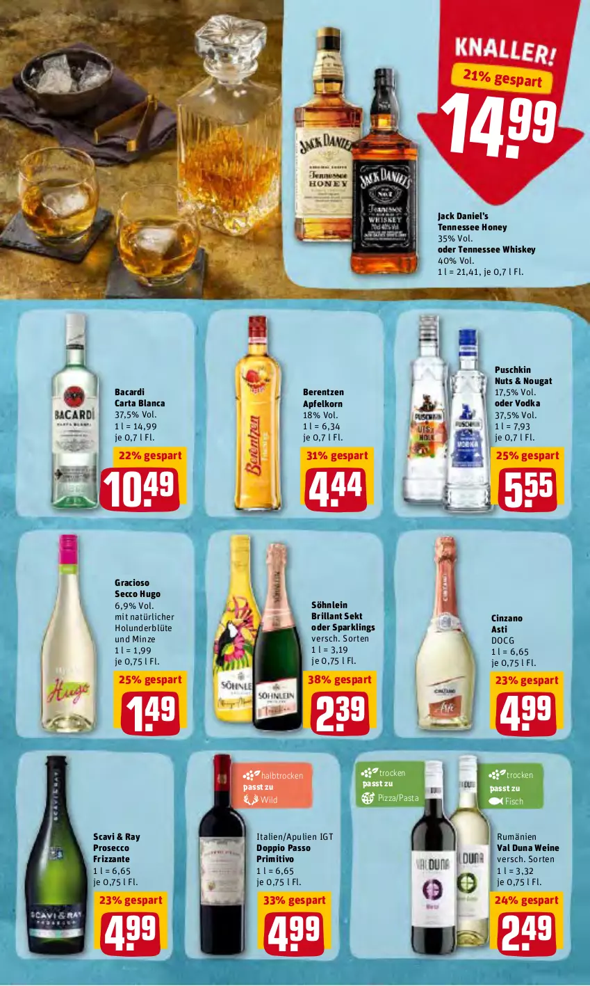 Aktueller Prospekt Rewe - Prospekte - von 21.02 bis 27.02.2022 - strona 21 - produkty: apfel, asti, bacardi, berentzen, Blüte, brillant sekt, cin, cinzano, Cinzano Asti, doppio passo, ecco, fisch, frizzante, gracioso, holunder, holunderblüte, hugo, jack daniel, Jack Daniel’s, korn, minze, passo, pasta, pizza, primitivo, prosecco, rum, sekt, söhnlein, söhnlein brillant, tennessee whiskey, Ti, vodka, wein, weine, whiskey, Wild