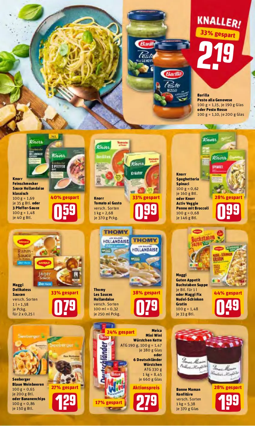 Aktueller Prospekt Rewe - Prospekte - von 21.02 bis 27.02.2022 - strona 22 - produkty: aktionspreis, banane, bananen, barilla, beere, beeren, Berger, bonne maman, broccoli, buch, chips, delikatess sauce, eis, feinschmecker, genovese, hollandaise, Kette, knorr, konfitüre, maggi, maggi fix, mam, meica, nudel, penne, pesto, pfeffer, reis, Ria, sauce, sauce hollandaise, saucen, schinken, seeberger, suppe, thomy, thomy les sauces, Ti, tomato al gusto, veggie, wein, würstchen