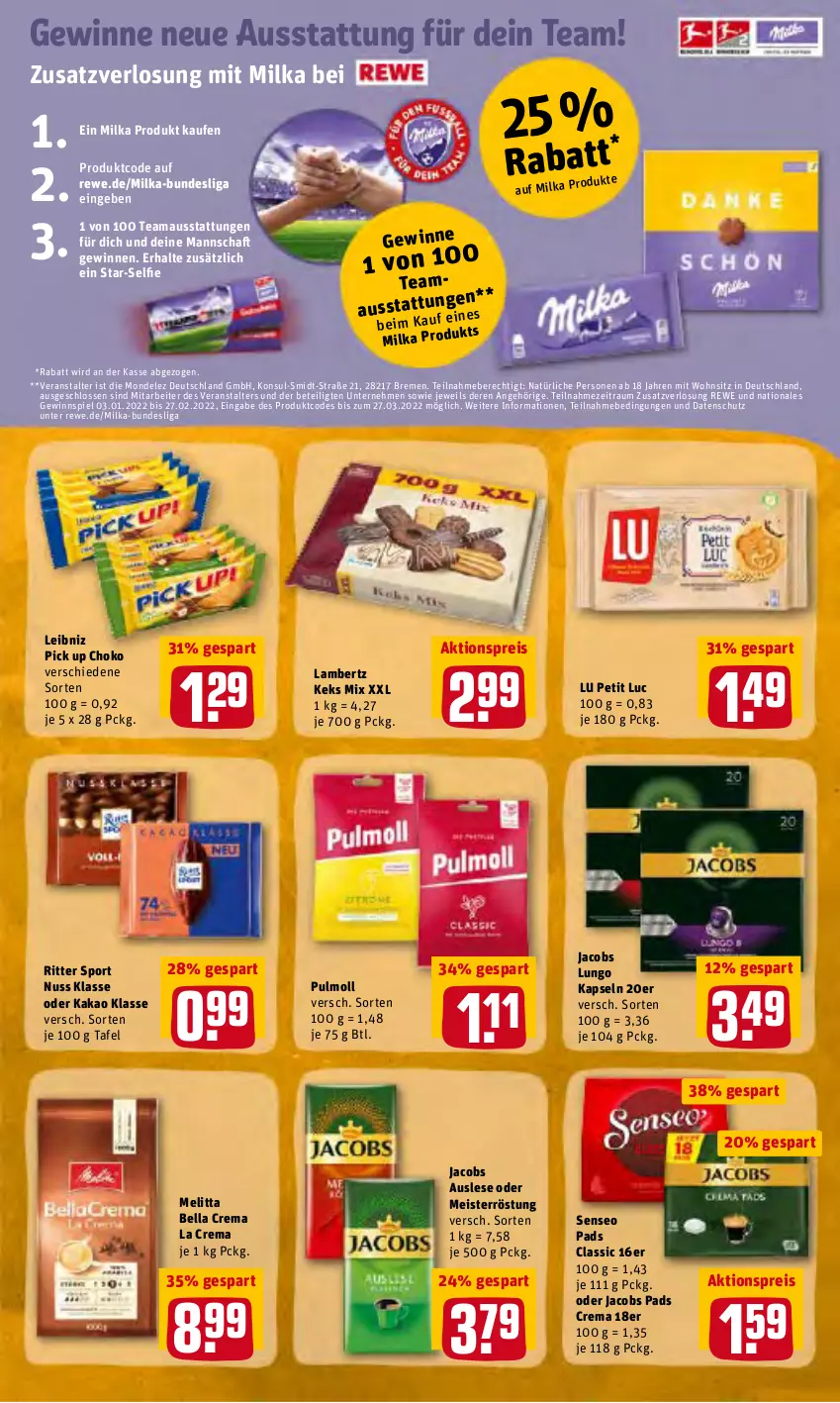 Aktueller Prospekt Rewe - Prospekte - von 21.02 bis 27.02.2022 - strona 23 - produkty: aktionspreis, Amber, bella crema, eis, gewinnspiel, jacobs, kakao, keks, lambertz, leibniz, lungo, Maus, Meister, meisterröstung, melitta, milka, mondelez, nuss, oder jacobs, reis, ritter, ritter sport, senseo, senseo pads, Sport, Ti