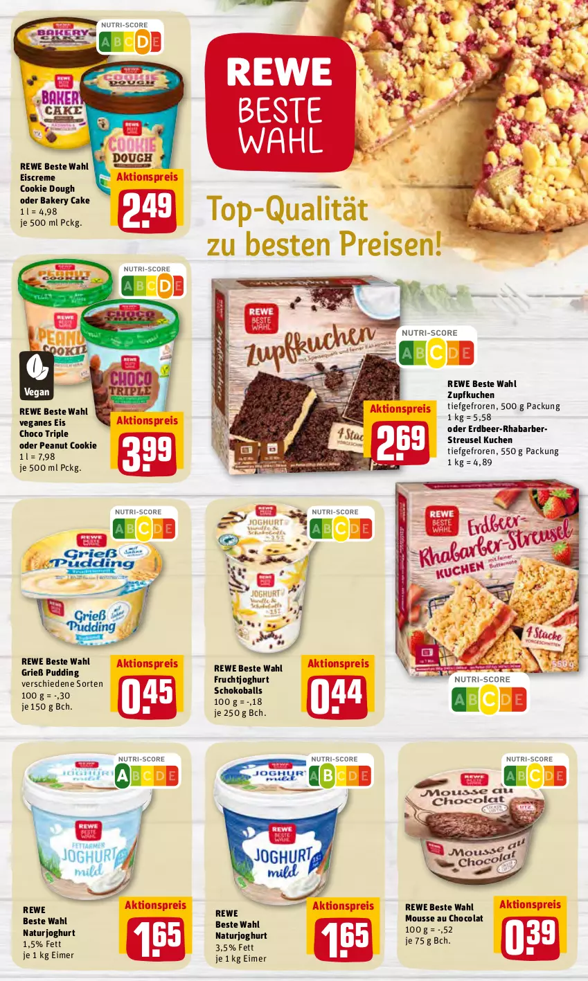 Aktueller Prospekt Rewe - Prospekte - von 21.02 bis 27.02.2022 - strona 24 - produkty: aktionspreis, ball, cola, cookie, cookie dough, creme, eimer, eis, eiscreme, frucht, fruchtjoghurt, joghur, joghurt, kuchen, mousse, Mousse au Chocolat, natur, naturjoghurt, pudding, reis, rewe beste wahl, rhabarber, schoko, Ti, Veganes Eis