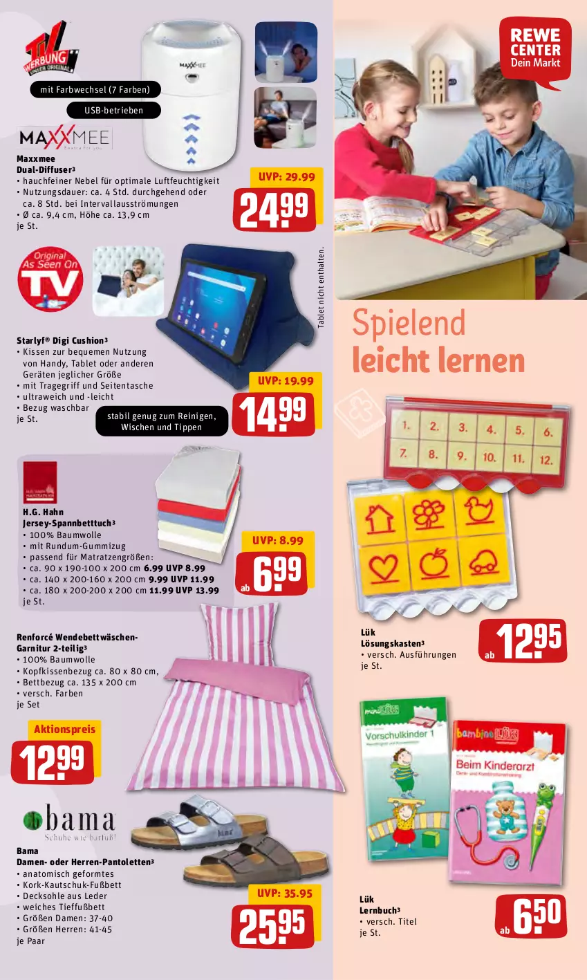 Aktueller Prospekt Rewe - Prospekte - von 21.02 bis 27.02.2022 - strona 27 - produkty: aktionspreis, auer, Bau, baumwolle, bett, Betttuch, bettwäsche, buch, decksohle, Diffuser, eis, garnitur, Handy, jersey-spannbetttuch, kissen, Kissenbezug, kopfkissen, kopfkissenbezug, matratze, matratzen, pantolette, pantoletten, reis, spannbetttuch, Spiele, tablet, Tasche, Ti, tragegriff, tuc, usb, wendebettwäsche, wolle