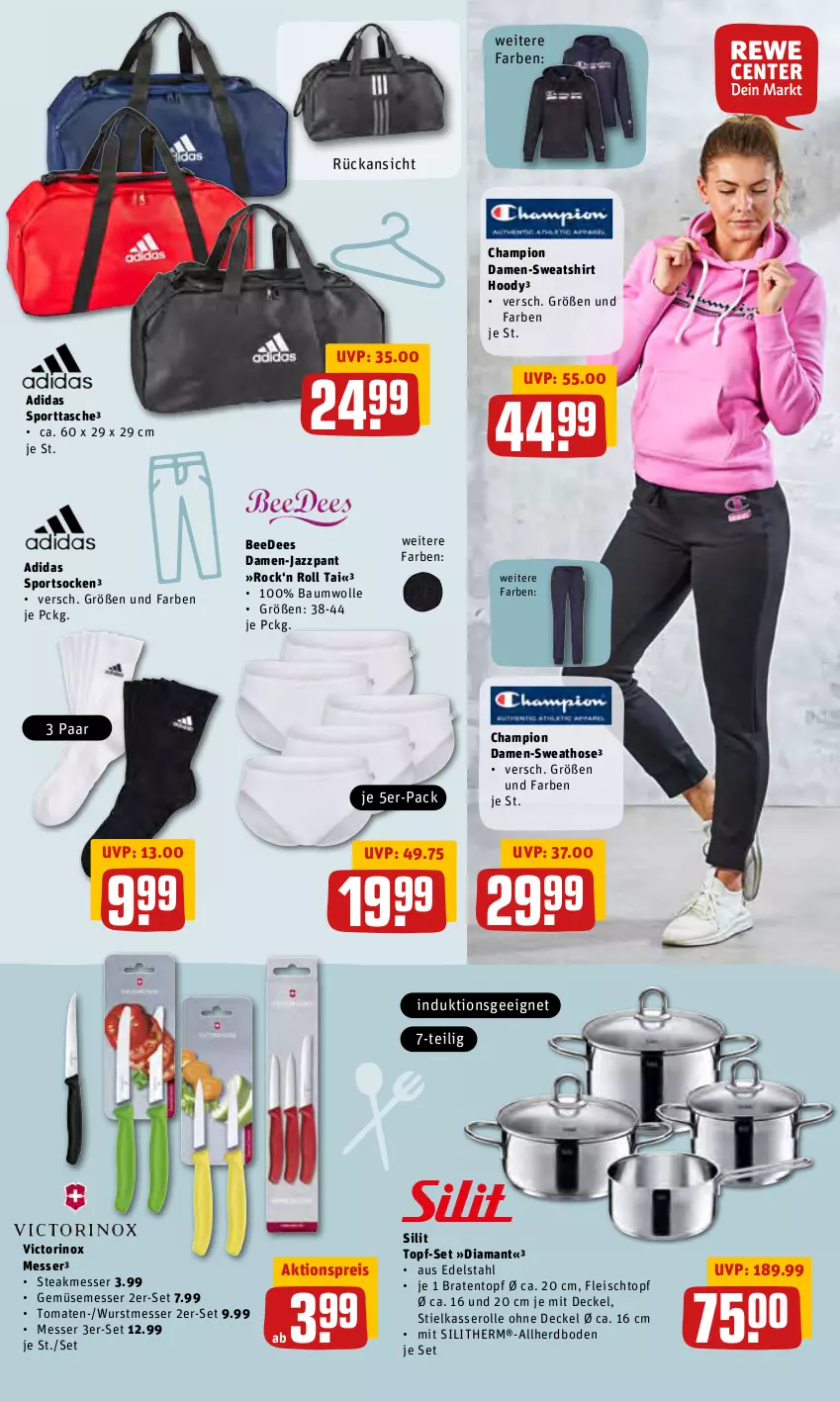 Aktueller Prospekt Rewe - Prospekte - von 21.02 bis 27.02.2022 - strona 29 - produkty: Adidas, aktionspreis, Bau, baumwolle, braten, Bratentopf, champion, decke, Deckel, edelstahl, eis, fleisch, Fleischtopf, hose, messer, reis, shirt, socken, Sport, sportsocken, sporttasche, steak, stielkasserolle, Sweathose, Sweatshirt, Tasche, Ti, tomate, tomaten, topf, topf-set, wolle, wurst