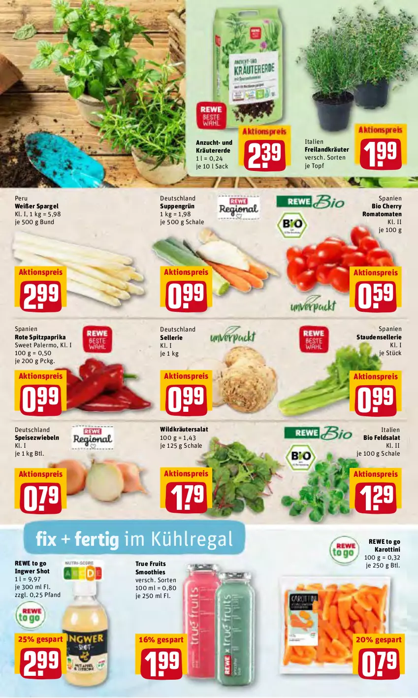 Aktueller Prospekt Rewe - Prospekte - von 21.02 bis 27.02.2022 - strona 3 - produkty: aktionspreis, bio, eis, elle, erde, feldsalat, freilandkräuter, ingwer, kräuter, kühlregal, ndk, paprika, regal, reis, Romatomaten, sac, salat, Schal, Schale, smoothie, smoothies, spargel, Speisezwiebeln, Spitzpaprika, stauden, suppe, suppen, Ti, tomate, tomaten, topf, true fruits, Wild, zwiebel, zwiebeln