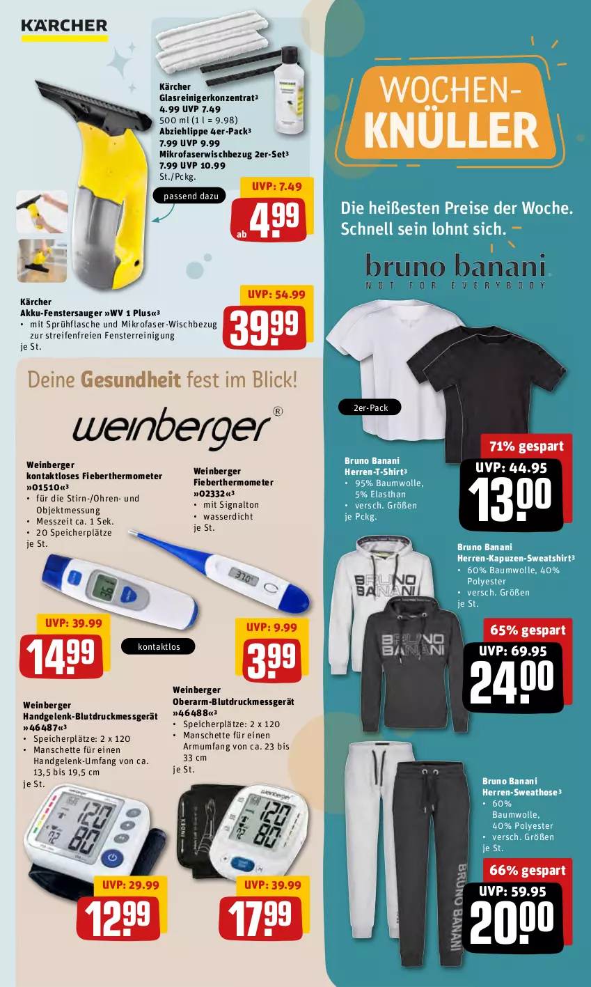 Aktueller Prospekt Rewe - Prospekte - von 21.02 bis 27.02.2022 - strona 31 - produkty: akku, Bau, baumwolle, Berger, Blutdruckmessgerät, bruno banani, eis, fenster, fenstersauger, Fieberthermometer, flasche, Gesundheit, Glasreiniger, herren-t-shirt, hose, Kärcher, mikrofaser, reifen, reiniger, Reinigung, reis, shirt, Signal, sprühflasche, Sweathose, Sweatshirt, T-Shirt, thermometer, Ti, wasser, wein, wolle