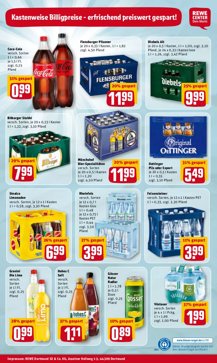 Aktueller Prospekt Rewe - Prospekte - von 21.02 bis 27.02.2022 - strona 32 - produkty: auer, bier, bitburger, burger, coca-cola, cola, diebels, drucker, eis, Engel, flensburger, gösser, granini, granini die limo, Hohes C, kerze, limo, limonade, limonaden, mönchshof, natur, natur radler, oettinger, pils, pilsener, radler, reis, saft, sinalco, Spezi, steiner, Ti, vöslauer