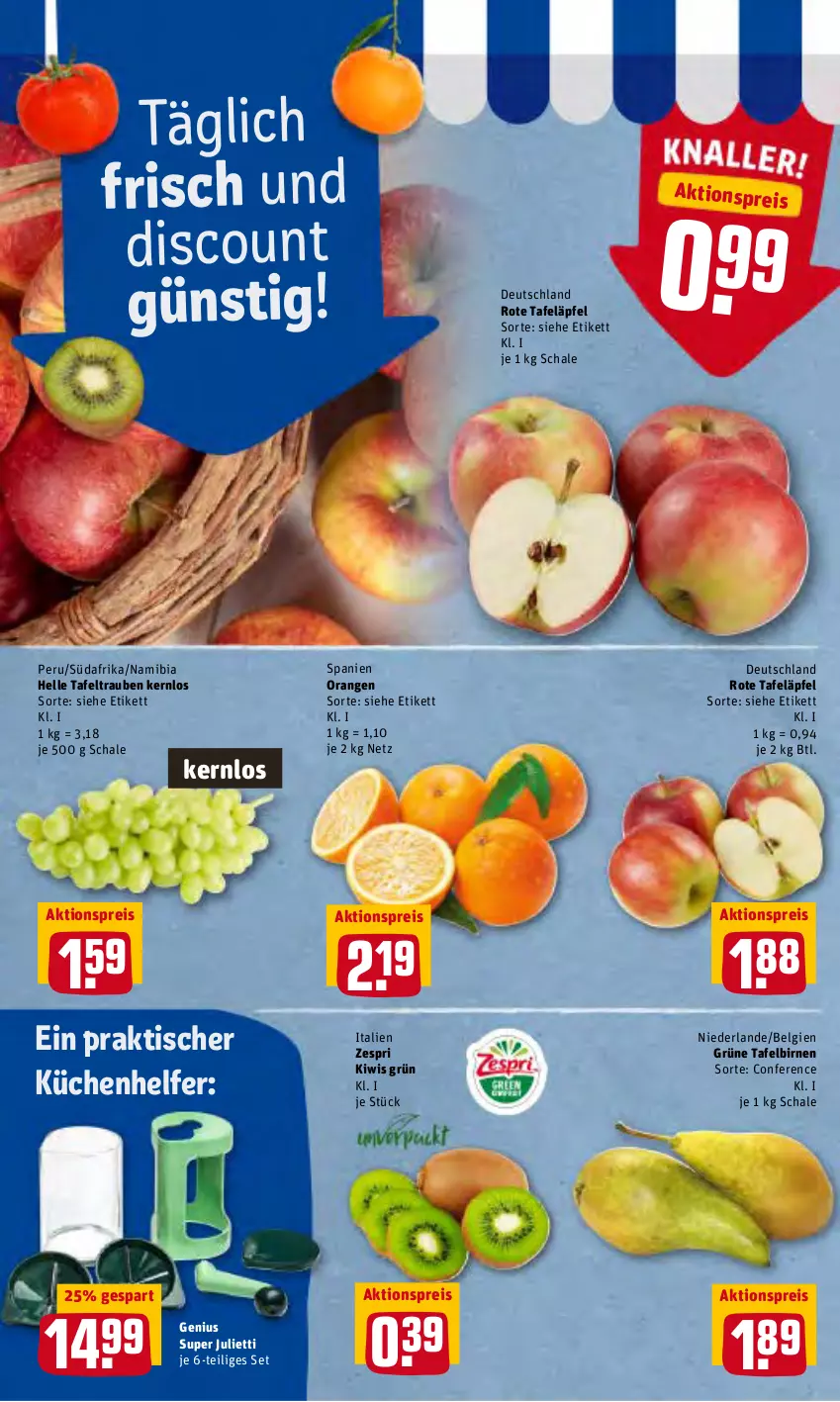 Aktueller Prospekt Rewe - Prospekte - von 21.02 bis 27.02.2022 - strona 4 - produkty: aktionspreis, Birnen, discount, eis, elle, kiwi, küche, Küchen, Küchenhelfer, LG, orange, orangen, reis, rote tafeläpfel, Schal, Schale, tafeläpfel, tafelbirnen, tafeltrauben, Ti, tisch, trauben, zespri