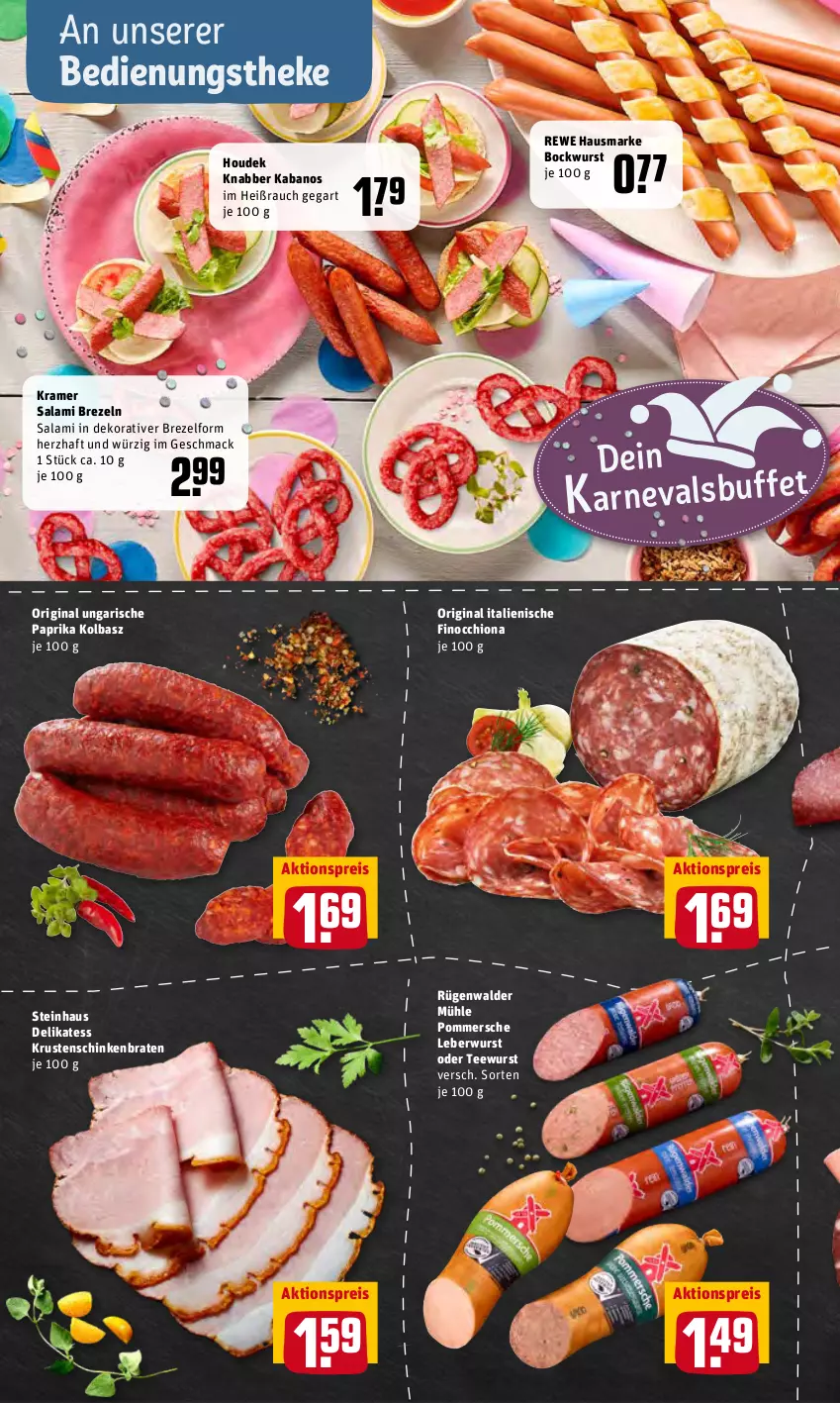 Aktueller Prospekt Rewe - Prospekte - von 21.02 bis 27.02.2022 - strona 8 - produkty: aktionspreis, bockwurst, braten, brezel, Brezeln, eis, gin, hausmarke, houdek, kabanos, Krustenschinken, leberwurst, mac, paprika, Pommersche, Rauch, reis, rewe hausmarke, rügenwalder, rügenwalder mühle, salami, schinken, schinkenbraten, steinhaus, tee, teewurst, Ti, wurst