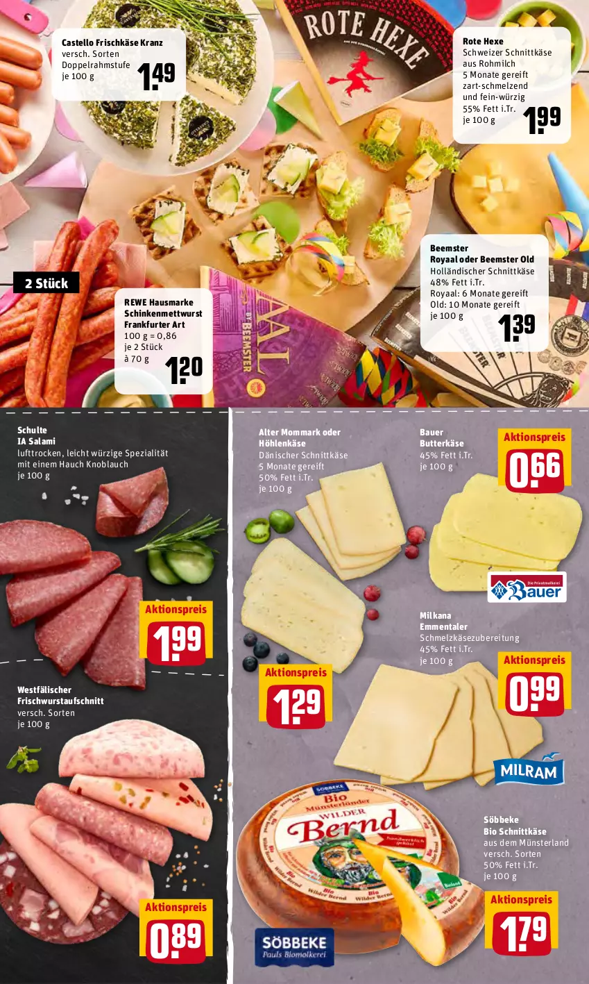 Aktueller Prospekt Rewe - Prospekte - von 21.02 bis 27.02.2022 - strona 9 - produkty: aktionspreis, auer, aufschnitt, Bau, Bauer, Beemster, bio, butter, butterkäse, dänischer schnittkäse, doppelrahmstufe, eis, emmentaler, frankfurter, frischkäse, hausmarke, höhlenkäse, holländischer schnittkäse, Käse, knoblauch, Kranz, Mett, mettwurst, milch, milka, milkana, reis, rewe hausmarke, salami, schinken, Schmelzkäse, schmelzkäsezubereitung, schnittkäse, schweizer schnittkäse, söbbeke, Spezi, Ti, wurst