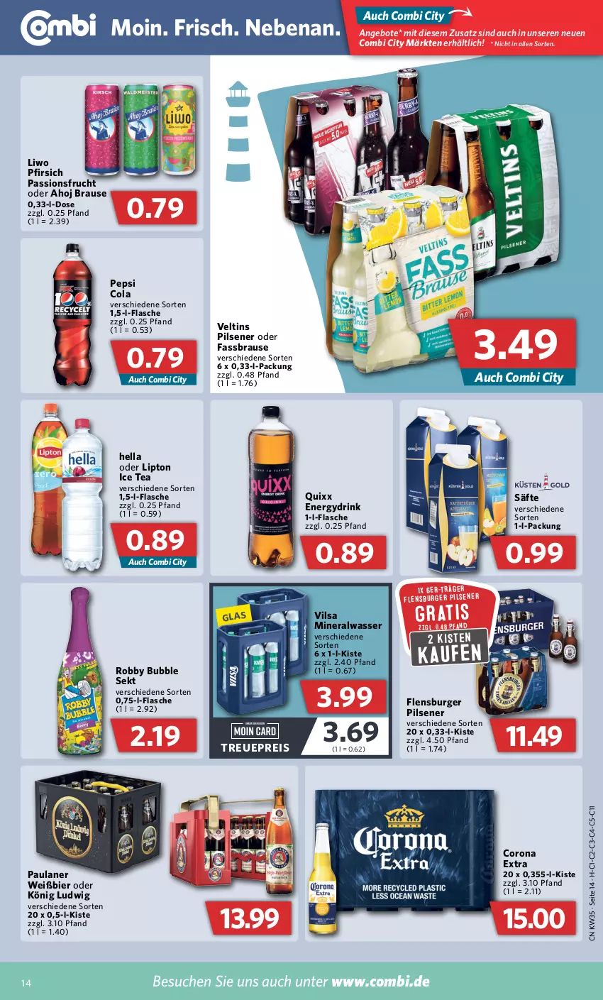 Aktueller Prospekt Combi - Prospekte - von 29.08 bis 03.09.2022 - strona 14 - produkty: Alwa, angebot, angebote, bier, brause, burger, cola, corona, corona extra, drink, eis, fassbrause, flasche, flensburger, frucht, hella, ice tea, lipton, lipton ice tea, mineralwasser, passionsfrucht, Paula, paulaner, pepsi, Pepsi Cola, pfirsich, pils, pilsener, Quixx, reis, robby, säfte, sekt, Ti, veltins, veltins pilsener, vilsa, wasser