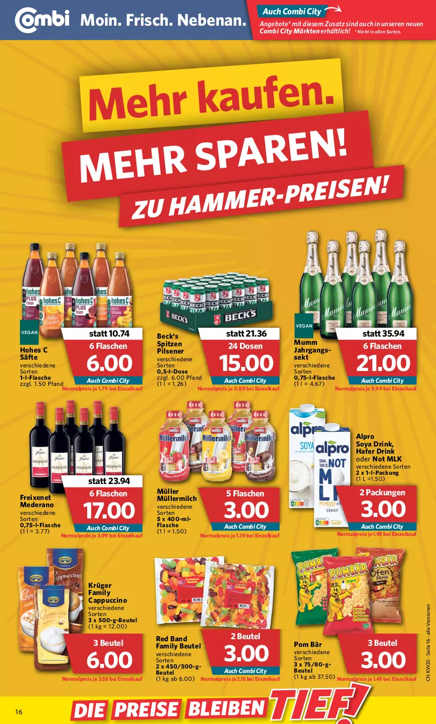 Aktueller Prospekt Combi - Prospekte - von 29.08 bis 03.09.2022 - strona 16 - produkty: alpro, angebot, angebote, beutel, Cap, cappuccino, cin, drink, eis, flasche, freixenet, hafer, Hohes C, jahrgangssekt, krüger, milch, Müller, müllermilch, mumm, pils, pilsener, reis, säfte, sekt, soya