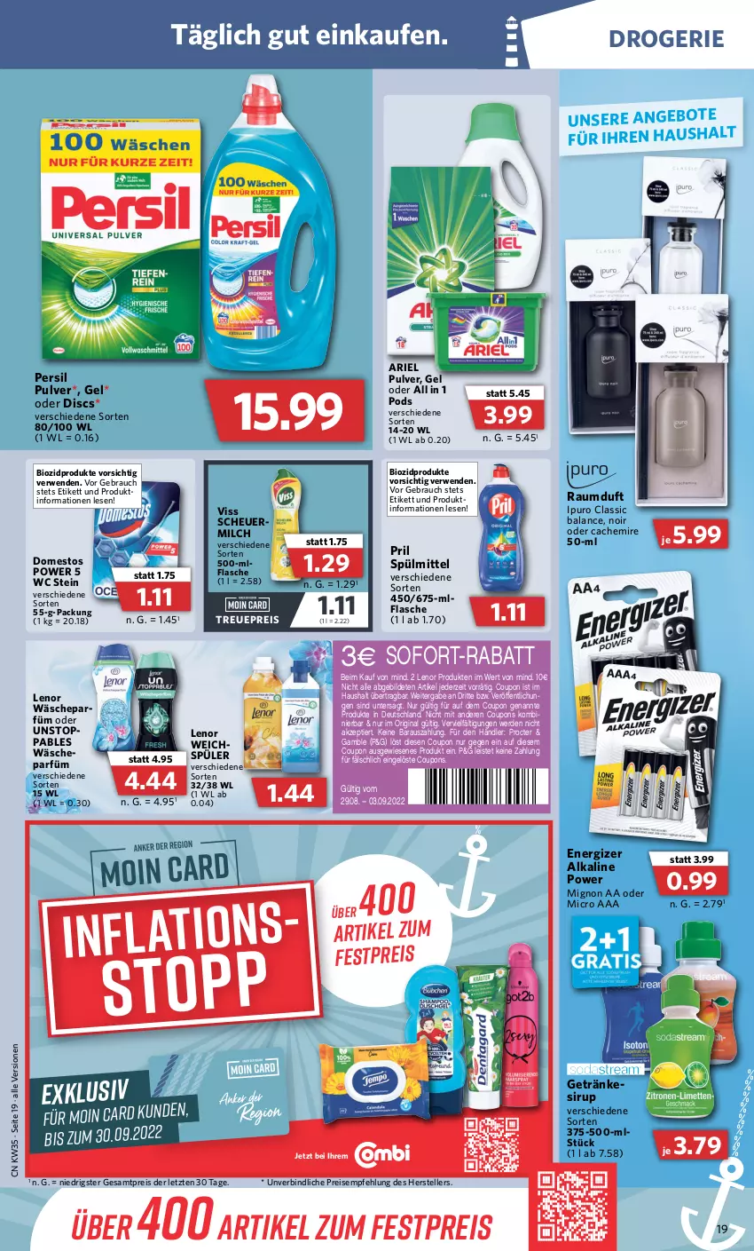 Aktueller Prospekt Combi - Prospekte - von 29.08 bis 03.09.2022 - strona 19 - produkty: angebot, angebote, ariel, bio, biozidprodukte, coupon, coupons, domestos, eis, elle, energizer, erde, flasche, getränk, getränke, getränkesirup, gin, Heu, Ipuro, lenor, lenor weichspüler, milch, persil, Pods, pril, Rauch, Raumduft, reis, rwe, scheuermilch, sirup, sofort-rabatt, spülmittel, teller, Ti, wäscheparfüm, weichspüler, ZTE