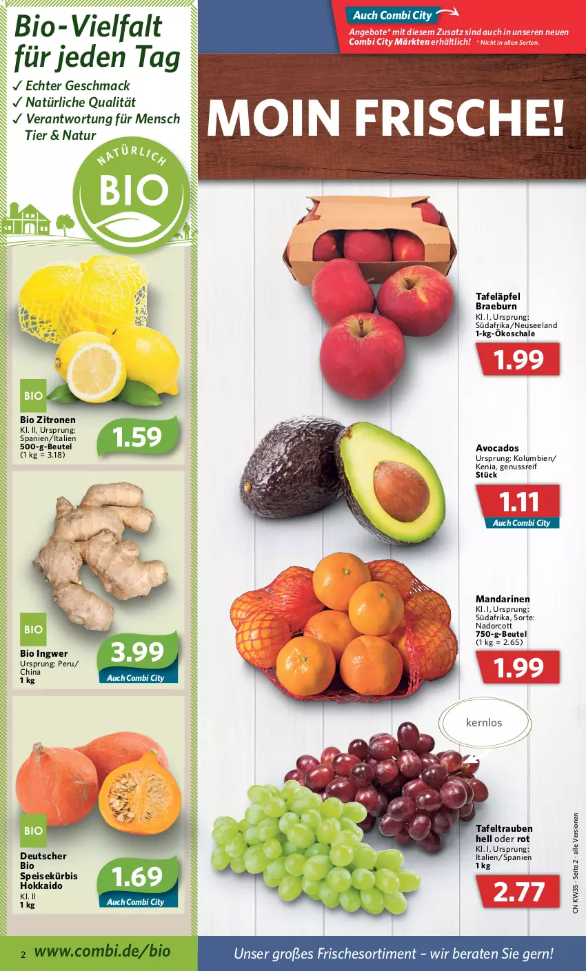 Aktueller Prospekt Combi - Prospekte - von 29.08 bis 03.09.2022 - strona 2 - produkty: angebot, angebote, avocado, avocados, beutel, bio, eis, Elan, ingwer, Kürbis, mac, mandarine, mandarinen, natur, nuss, Schal, Schale, tafeläpfel, tafeltrauben, Ti, trauben, zitrone, zitronen