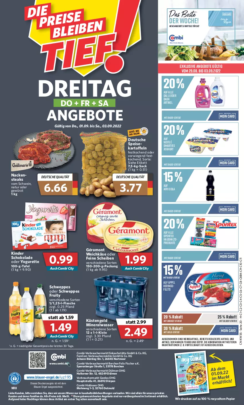 Aktueller Prospekt Combi - Prospekte - von 29.08 bis 03.09.2022 - strona 20 - produkty: Afri Cola, Alwa, angebot, angebote, auer, Berger, cola, dalli, drucker, eis, Engel, erde, felix, filet, filets, fisch, fische, Fischer, flasche, géramont, gewürz, hering, Herings, joghur, joghurt, kartoffel, kartoffeln, Käse, kerze, Kinder, küche, küstengold, landküche, mineralwasser, Nackensteak, nackensteaks, natur, ndk, nestlé, nuss, oder yogurette, papier, Rauch, reis, ring, sac, schoko, schokolade, schwein, schweppes, smarties, spontex, steak, steaks, Tchibo, Ti, wasser, weichkäse, wein, Yo, yogurette, ZTE