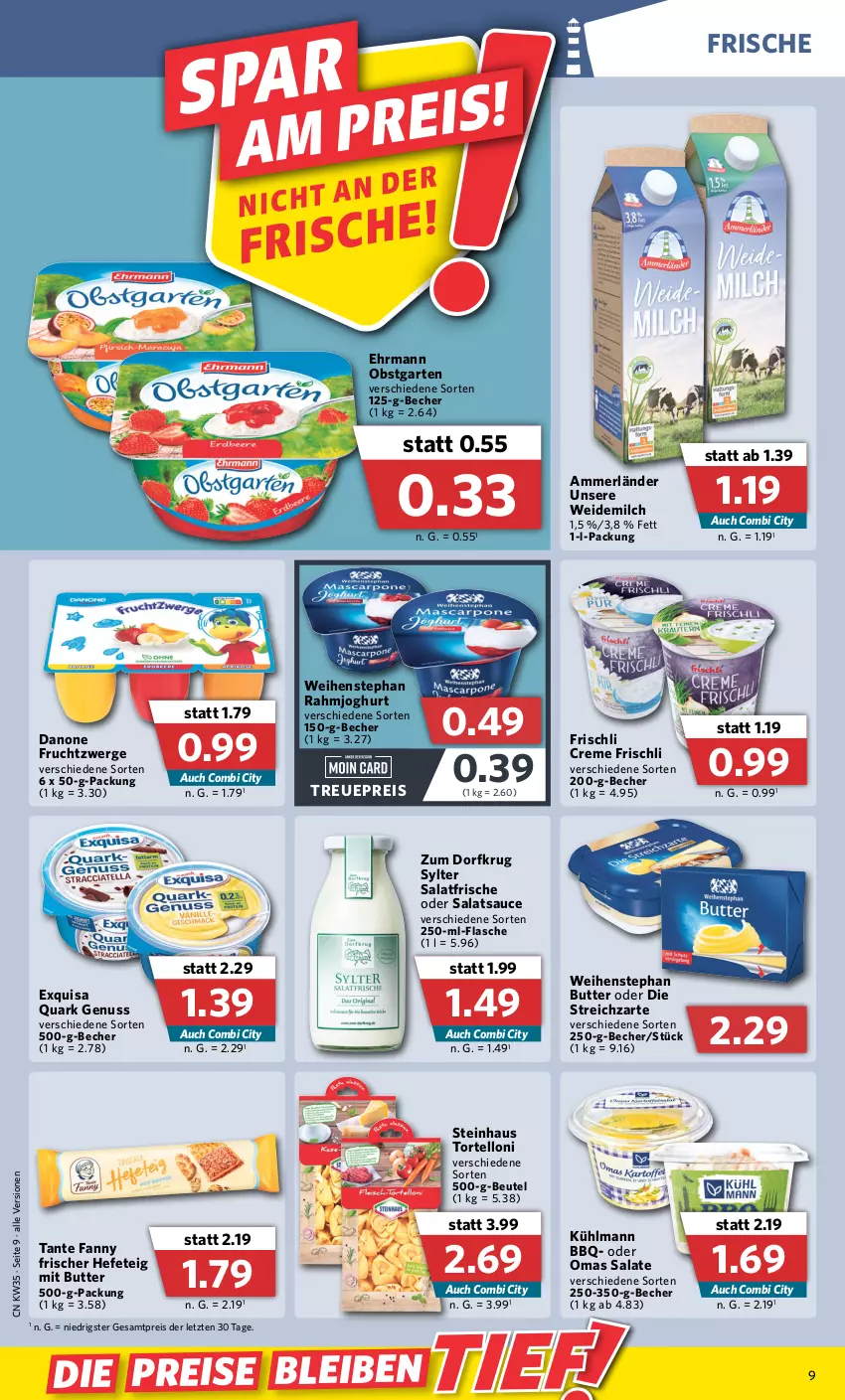 Aktueller Prospekt Combi - Prospekte - von 29.08 bis 03.09.2022 - strona 9 - produkty: ammerländer, Becher, beutel, butter, creme, danone, danone fruchtzwerge, ehrmann, eis, exquisa, flasche, frischli, frucht, fruchtzwerge, Garten, Hefe, joghur, joghurt, kühlmann, merl, milch, nuss, obst, obstgarten, quark, quark genus, quark genuss, rahmjoghurt, reis, salat, salate, salatsauce, sauce, steinhaus, Streichzart, Sylter, tante fanny, torte, tortelloni, weidemilch, weihenstephan, ZTE, Zum Dorfkrug