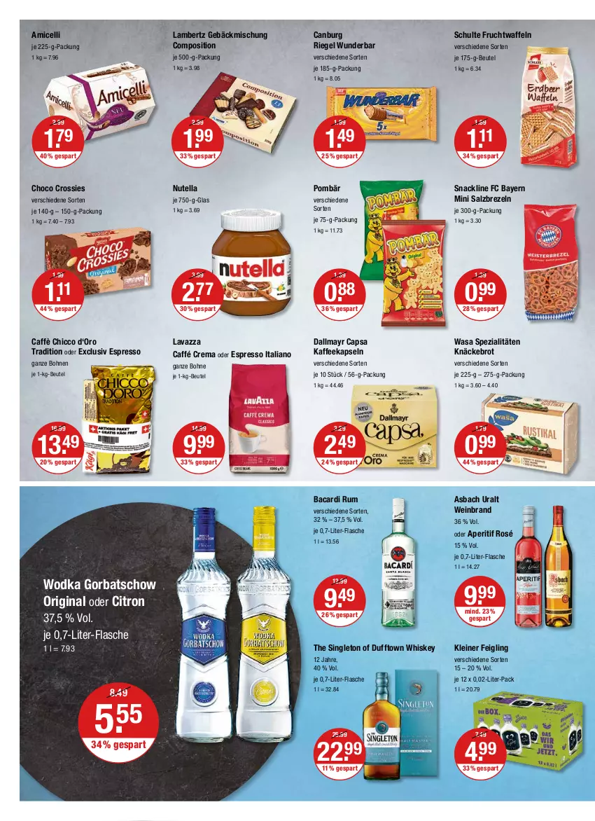 Aktueller Prospekt Vmarkt - V-Markt - von 12.05 bis 18.05.2022 - strona 10 - produkty: Amber, amicelli, aperitif, asbach uralt, bacardi, bacardi rum, beutel, bohne, bohnen, brezel, Brezeln, brot, Cap, choco crossies, crossies, dallmayr, dallmayr capsa, espresso, flasche, frucht, gebäckmischung, gin, Gorbatschow, kaffee, kaffeekapseln, kleiner feigling, knäckebrot, lambertz, lavazza, leine, nutella, oder espresso, riegel, rum, salz, snack, Spezi, Ti, waffeln, wasa, wein, weinbrand, whiskey, wodka