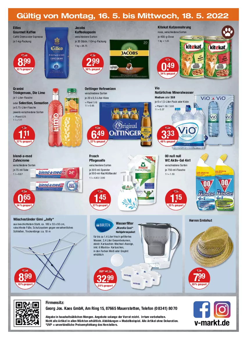 Aktueller Prospekt Vmarkt - V-Markt - von 12.05 bis 18.05.2022 - strona 24 - produkty: alle artikel ohne dekoration, Alwa, angebot, angebote, auer, beutel, blend-a-med, creme, dekoration, dell, eilles gourmet, eis, elle, espresso, flasche, Frosch, granini, Hefe, hefeweizen, jacobs, je 1-liter-flasche, kaes, kaffee, kaffeekapseln, katzennahrung, kitekat, limo, Maxtra, mineralwasser, Mode, natürliches mineralwasser, nuss, oder espresso, oettinger, reis, rel, ring, Seife, telefon, teller, Ti, wasser, wasserfilter, zahncreme