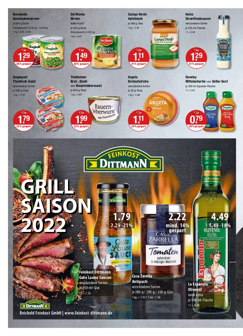 Aktueller Prospekt Vmarkt - V-Markt - von 12.05 bis 18.05.2022 - strona 8 - produkty: antipasti, apfel, asti, auer, aufstrich, Bau, Bauer, Birnen, bonduelle, brot, brotaufstrich, brotaufstriche, Campo Verde, develey, dittmann, eimer, elle, erde, feinkost, fisch, flasche, frucht, Gemüsekonserve, heinz, je 500-ml-flasche, Konserven, leberwurst, monte, olive, oliven, olivenöl, rel, salat, sauce, saucen, saupiquet, senf, thunfisch, Ti, wurst