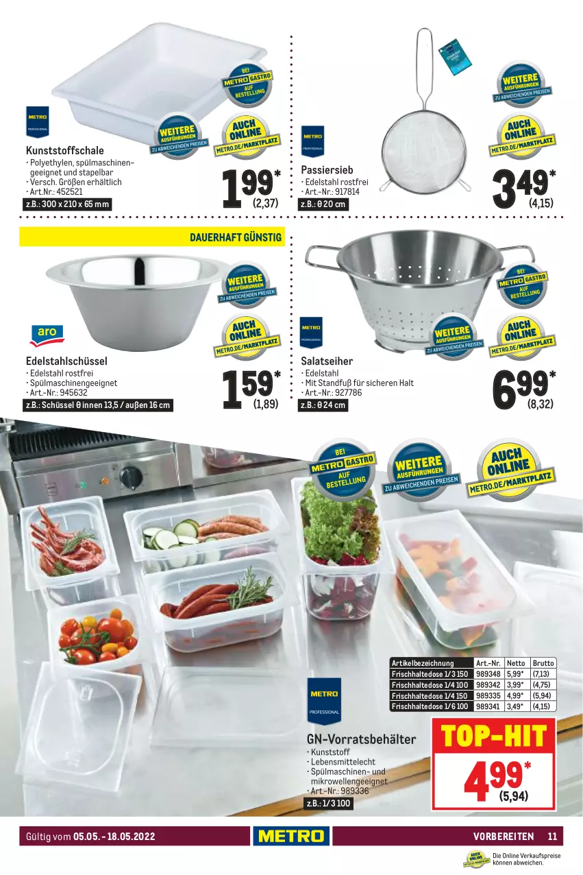 Aktueller Prospekt Metro - Gastronomie Spezial - von 05.05 bis 18.05.2022 - strona 11 - produkty: Behälter, brut, edelstahl, eis, elle, lebensmittel, mikrowelle, reis, salat, Schal, Schale, schüssel, spülmaschinen, Ti, top-hit