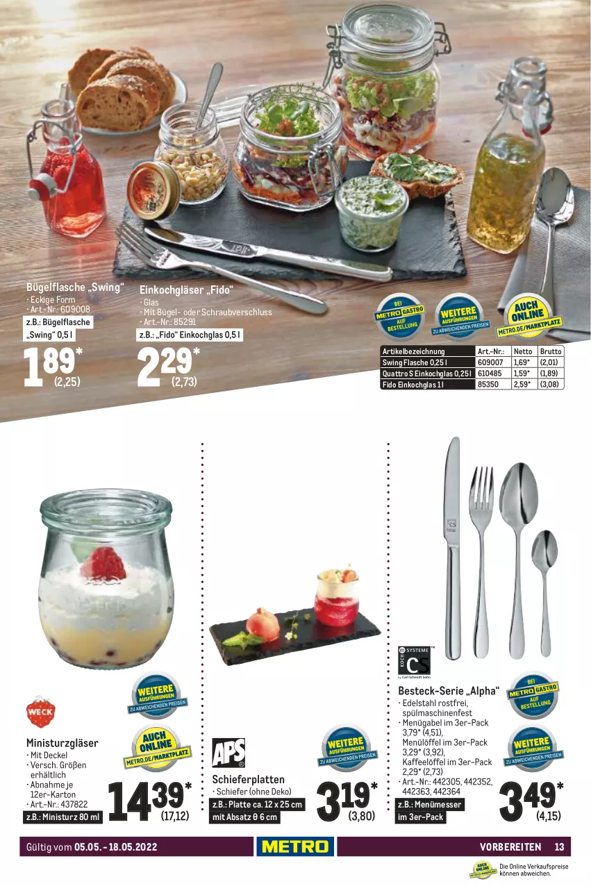 Aktueller Prospekt Metro - Gastronomie Spezial - von 05.05 bis 18.05.2022 - strona 13 - produkty: besteck, brut, bügel, bügelflasche, decke, Deckel, edelstahl, Einkochglas, eis, flasche, gabel, Gläser, kaffee, latte, Löffel, messer, reis, spülmaschinen, Ti