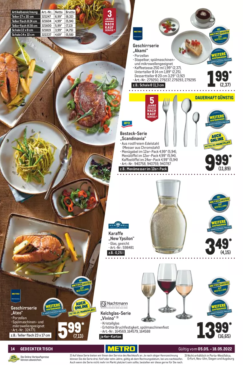 Aktueller Prospekt Metro - Gastronomie Spezial - von 05.05 bis 18.05.2022 - strona 14 - produkty: besteck, brut, dessert, Dessertteller, edelstahl, eis, elle, gabel, geschirr, Geschirrserie, kaffee, Karaffe, LG, Löffel, messer, mikrowelle, reis, Schal, Schale, spülmaschinen, tasse, teller, Ti, tisch