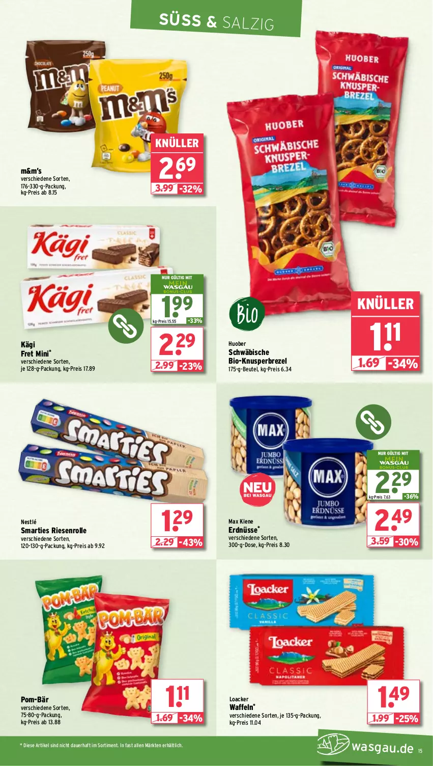 Aktueller Prospekt Wasgau - von 29.04 bis 04.05.2024 - strona 15 - produkty: auer, beutel, bio, brezel, eis, erdnüsse, huober, Kägi, nestlé, pom-bär, reis, salz, smarties, Ti, waffeln