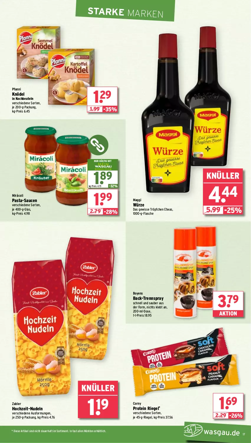 Aktueller Prospekt Wasgau - von 29.04 bis 04.05.2024 - strona 17 - produkty: auer, beutel, corny, eis, flasche, je 250-g-packung, Knödel, kochbeutel, maggi, maggi würze, Mirácoli, nudel, nudeln, pasta, pasta-sauce, pfanni, reis, riegel, sauce, saucen, Ti, Zabler