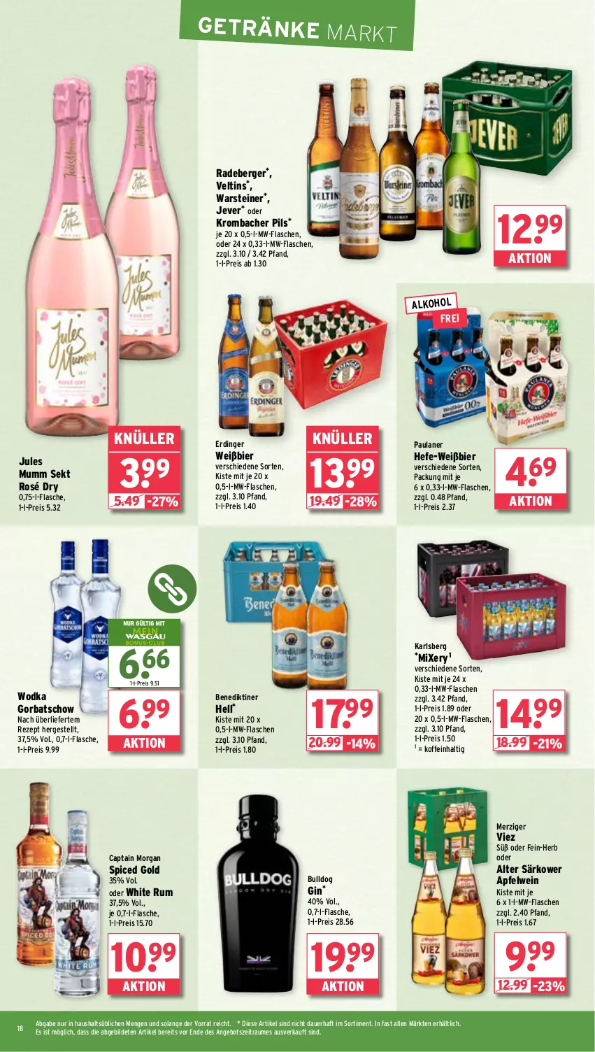 Aktueller Prospekt Wasgau - von 29.04 bis 04.05.2024 - strona 18 - produkty: alkohol, angebot, apfel, apfelwein, auer, Benediktiner, Berger, bier, Bulldog, Cap, captain morgan, eis, erdinger, flasche, getränk, getränke, gin, Gorbatschow, Hefe, jever, jules mumm, karlsberg, krombache, krombacher, krombacher pils, Mixer, mixery, mumm, mw-flasche, Paula, paulaner, pils, radeberger, reis, rezept, rum, sekt, steiner, Ti, veltins, warsteiner, wein, white rum, wodka