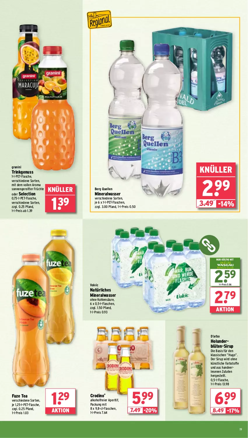 Aktueller Prospekt Wasgau - von 29.04 bis 04.05.2024 - strona 19 - produkty: alkohol, Alwa, aperitif, Blüte, eier, eis, elle, flasche, früchte, fuze tea, granini, holunder, holunderblüte, hugo, mineralwasser, natürliches mineralwasser, nuss, pet-flasche, pet-flaschen, reis, sirup, Ti, volvic, wasser