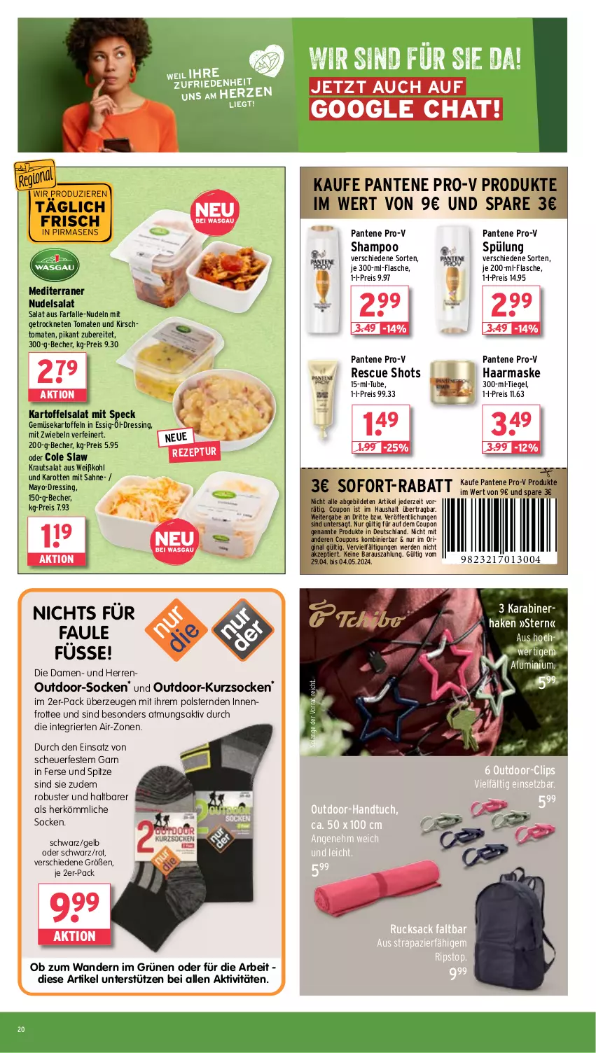 Aktueller Prospekt Wasgau - von 29.04 bis 04.05.2024 - strona 20 - produkty: Becher, coupon, coupons, dressing, eis, erde, essig, farfalle, flasche, gin, handtuch, Heu, karotten, kartoffel, kartoffeln, kartoffelsalat, kirsch, Kraut, krautsalat, Maske, mit zwiebeln, nudel, nudeln, nudelsalat, pantene, pantene pro-v, pro-v, reis, rezept, rucksack, sac, sahne, salat, shampoo, socken, sofort-rabatt, Speck, spülung, tee, Ti, tomate, tomaten, tuc, Weißkohl, Yo, zwiebel, zwiebeln