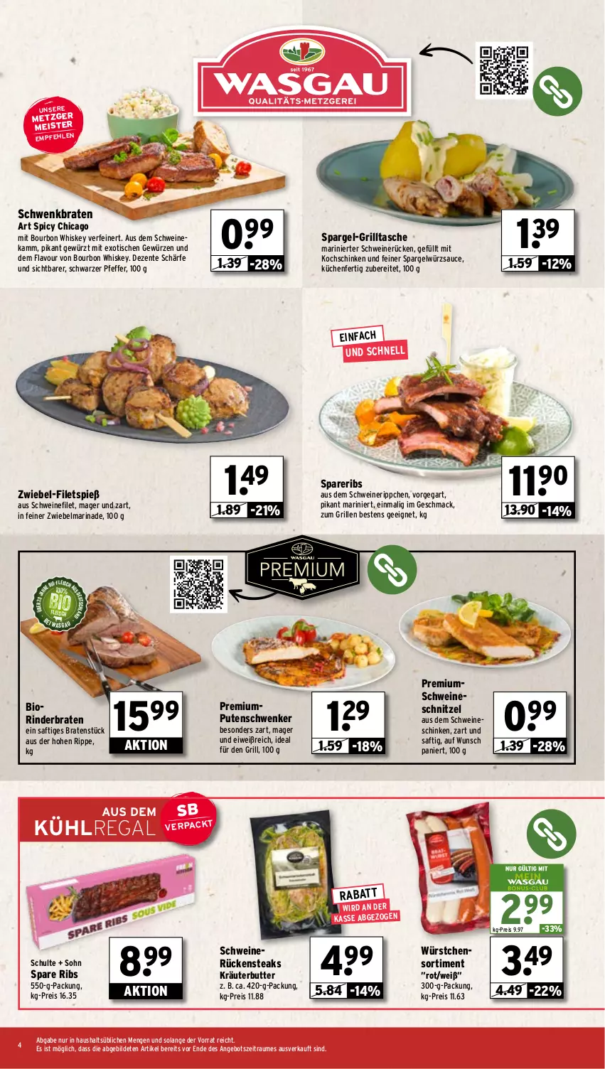 Aktueller Prospekt Wasgau - von 29.04 bis 04.05.2024 - strona 4 - produkty: angebot, aus dem kühlregal, bio, bourbon, bourbon whiskey, braten, butter, eis, ente, filet, filets, fleisch, gewürz, grill, kochschinken, kräuter, kräuterbutter, küche, Küchen, kühlregal, mac, marinade, Meister, pfeffer, pute, regal, reis, rind, rinder, rinderbraten, Rückensteak, rückensteaks, saft, sauce, schinken, schnitzel, schwein, schweine, schweinefilet, schweinerücken, schweineschnitzel, spare ribs, spareribs, spargel, steak, steaks, Tasche, Ti, tisch, wein, weine, whiskey, würstchen, würzsauce, zwiebel