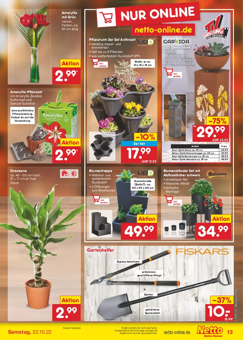 Aktueller Prospekt Netto Marken-Discount - Filial-Angebote - von 17.10 bis 22.10.2022 - strona 13 - produkty: angebot, auer, Bau, Bauer, bestpreis, blume, blumen, Blumentreppe, eis, Garten, gin, kulturtopf, pflanze, pflanzen, reis, Ria, rwe, Schere, Spaten, Spezi, Ti, timer, topf, ZTE, zwiebel