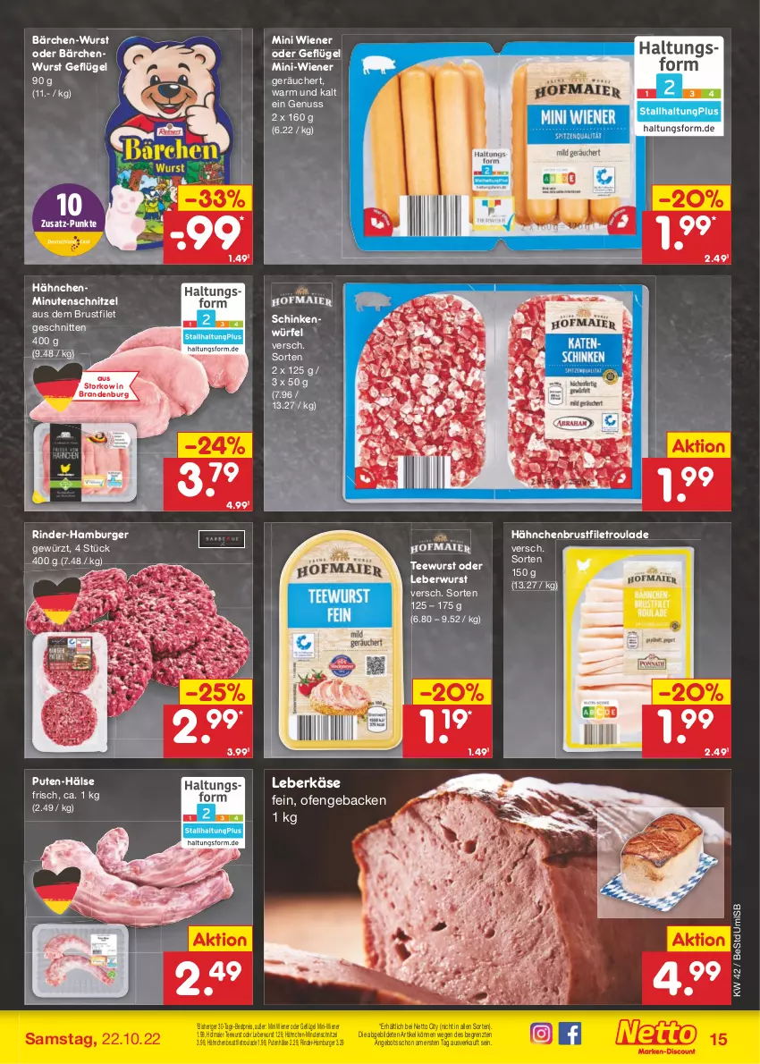 Aktueller Prospekt Netto Marken-Discount - Filial-Angebote - von 17.10 bis 22.10.2022 - strona 15 - produkty: angebot, bestpreis, brustfilet, burger, eis, filet, geback, Geflügel, gewürz, hähnchenbrust, hähnchenbrustfilet, hamburger, Käse, leberkäs, leberkäse, leberwurst, minutenschnitzel, nuss, Ofen, pute, reis, rind, rinder, schinken, schnitten, schnitzel, tee, teewurst, Ti, wiener, würfel, wurst, ZTE