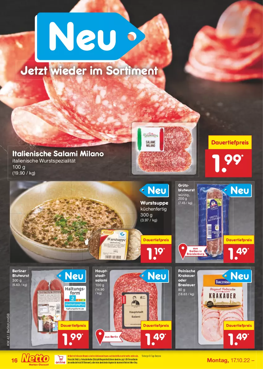 Aktueller Prospekt Netto Marken-Discount - Filial-Angebote - von 17.10 bis 22.10.2022 - strona 16 - produkty: auer, berliner, bestpreis, dauertiefpreis, eis, krakauer, küche, Küchen, ndk, reis, salami, Spezi, suppe, Ti, tiefpreis, versandkostenfrei, wurst