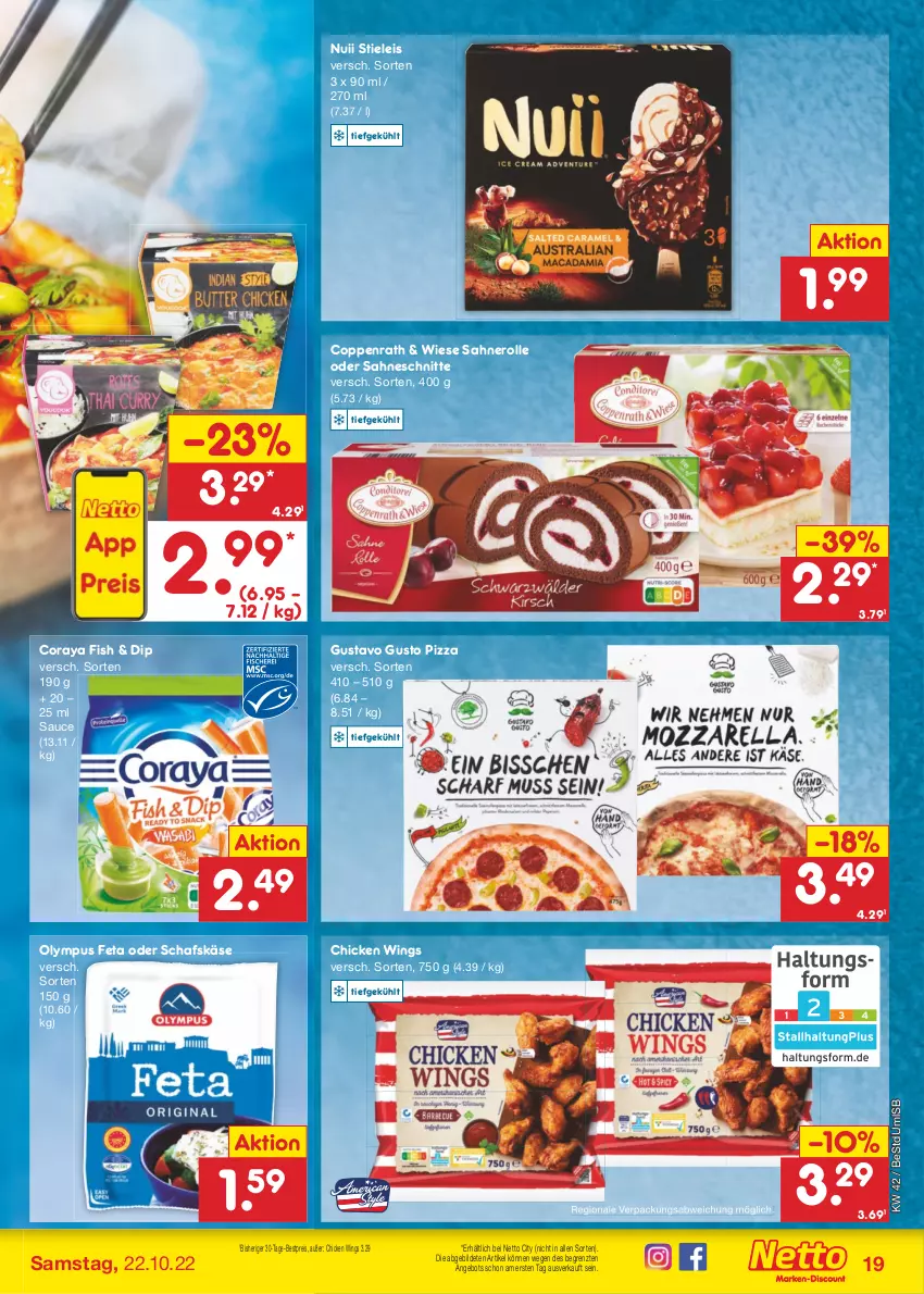 Aktueller Prospekt Netto Marken-Discount - Filial-Angebote - von 17.10 bis 22.10.2022 - strona 19 - produkty: angebot, bestpreis, chicken wings, coppenrath, dip, eis, feta, Käse, nero, nuii, pizza, reis, sahne, Sahnerolle, sauce, schafskäse, stieleis, Ti, ZTE